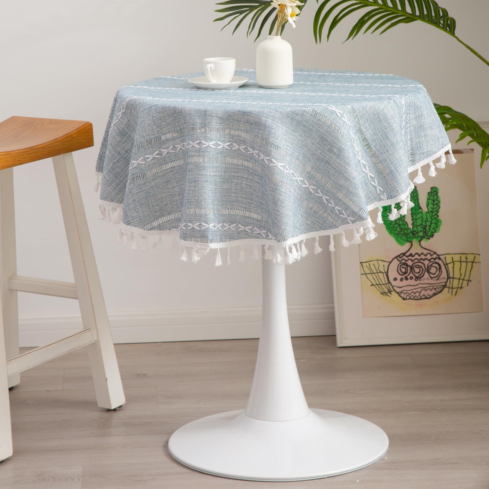 Rustic Linen Striped Embroidered Tassel Tablecloth