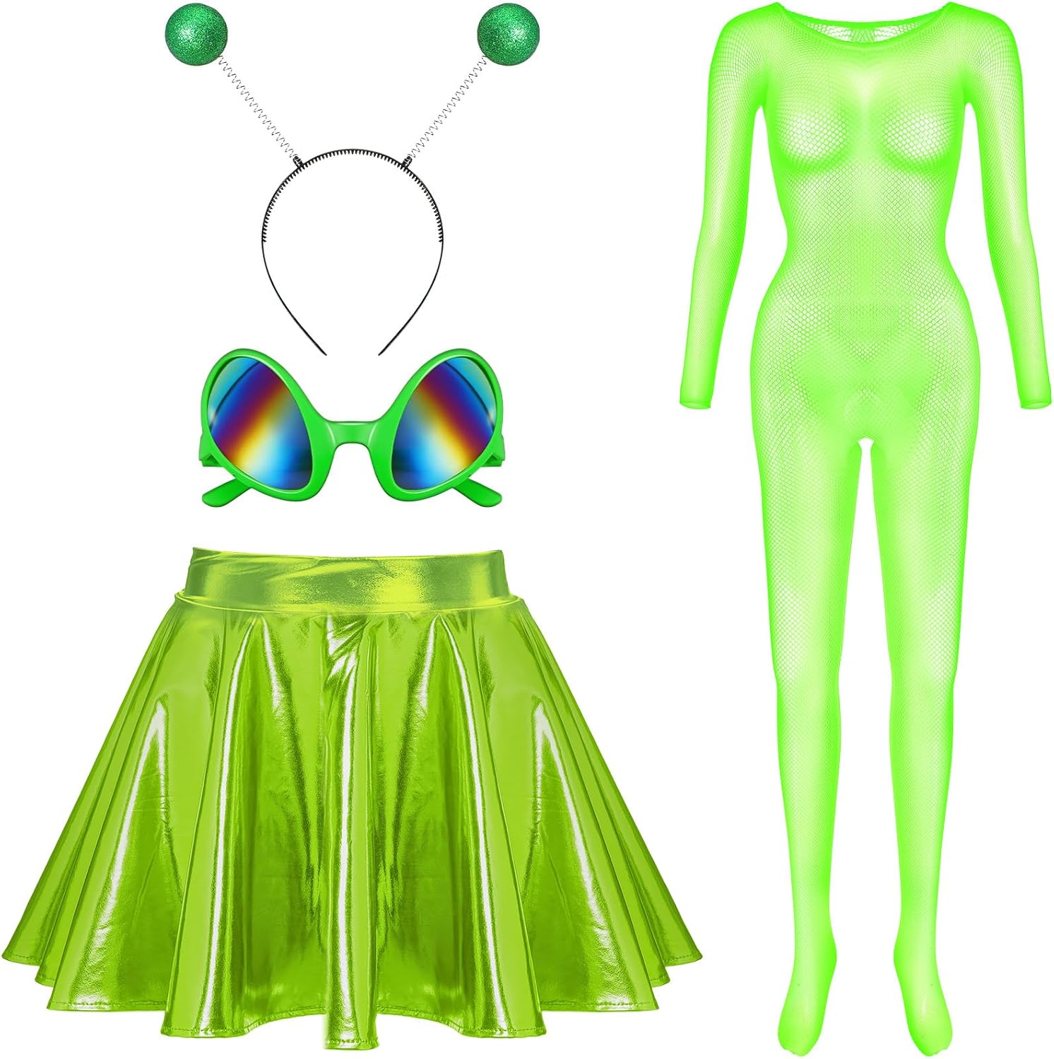 4 Pcs Green Halloween Alien Costume Set for Women - Bodysuit, Holographic Skirt, Alien Headband and Glasses
