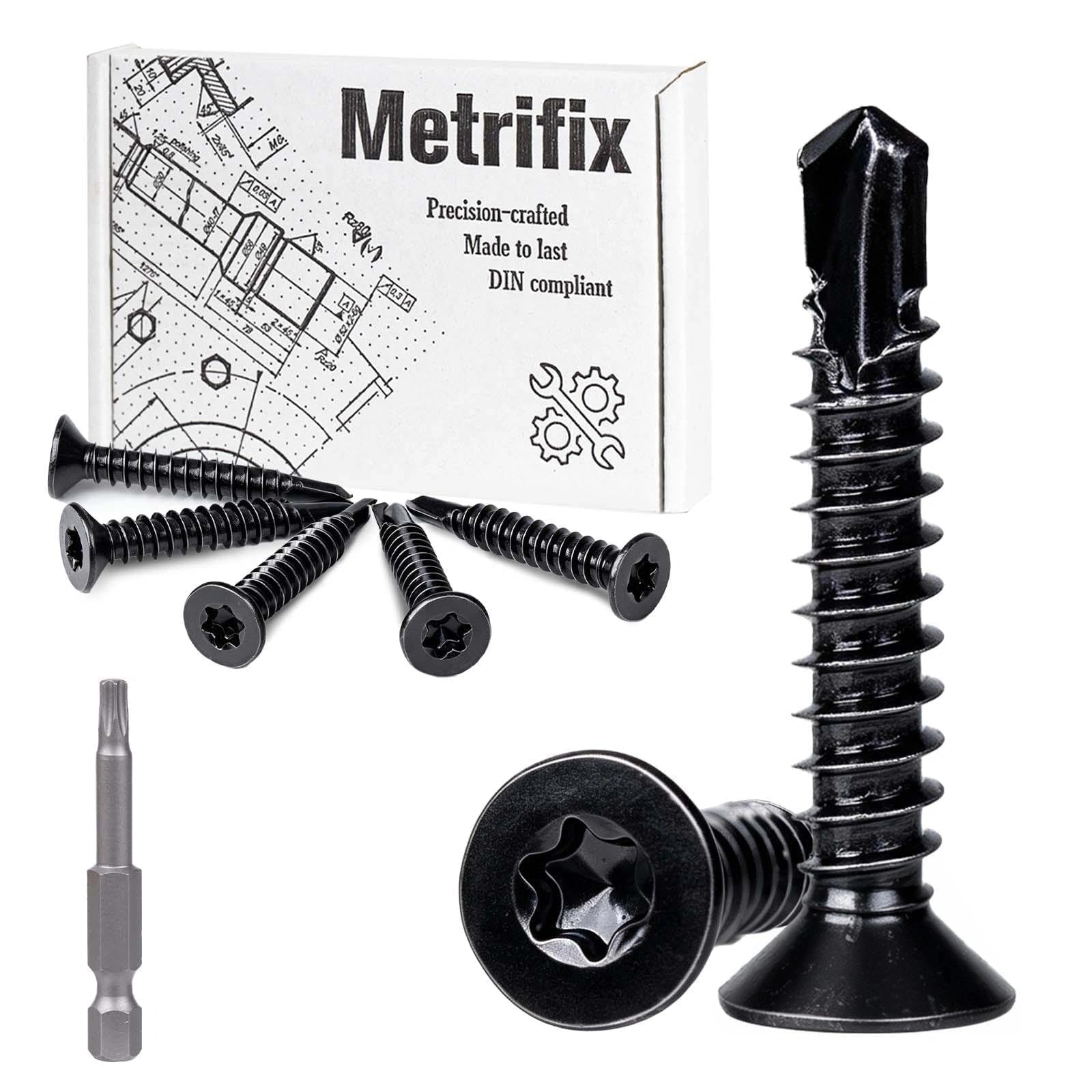 Metrifix 120 Pcs Black Countersunk Self Drilling Screws 4.2x19mm Torx