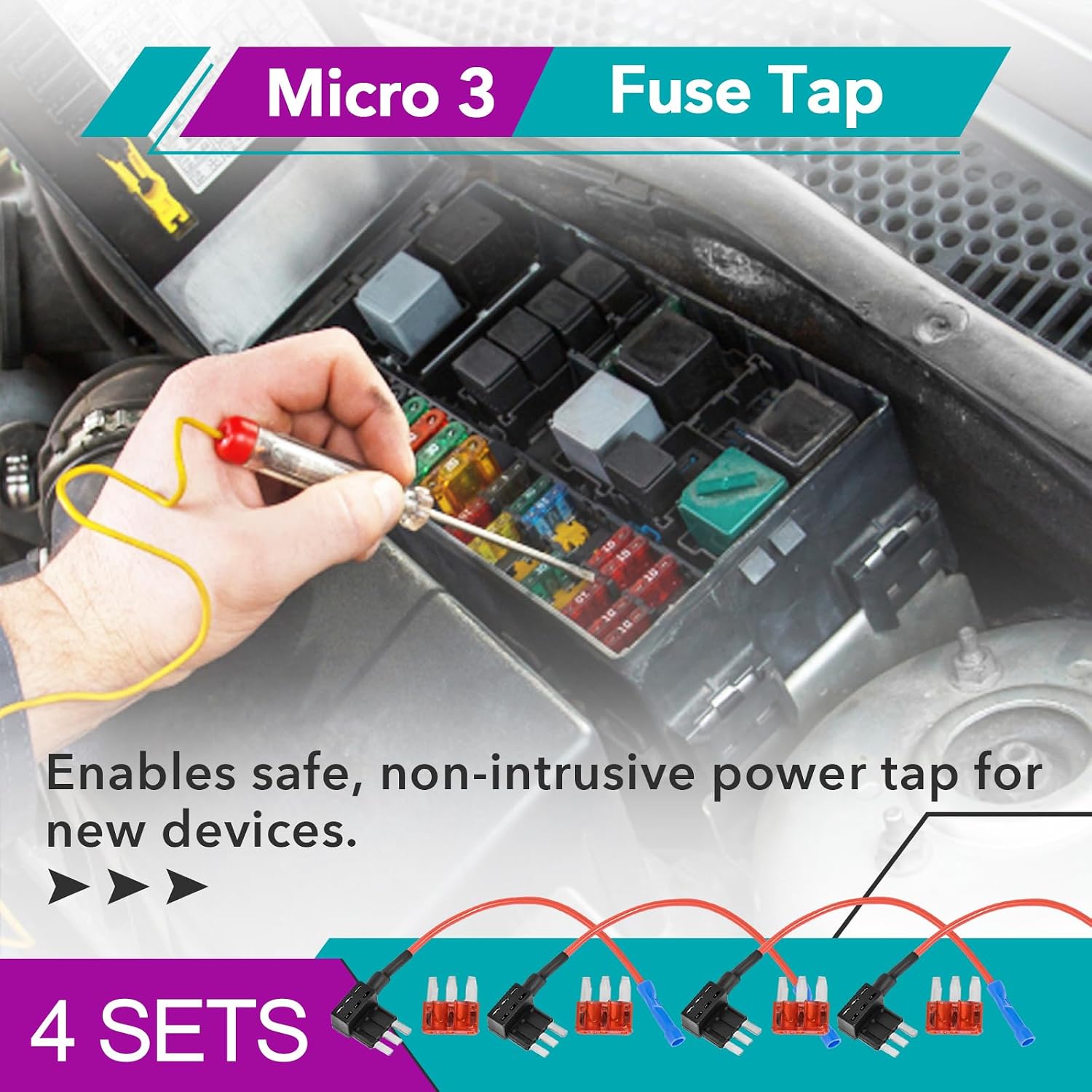 4 Pcs Micro 3 Fuse Tap Add-A-Circuit Expandable 12V Power Adapter for Underglow Lights, Interior LEDs, Car Accessories