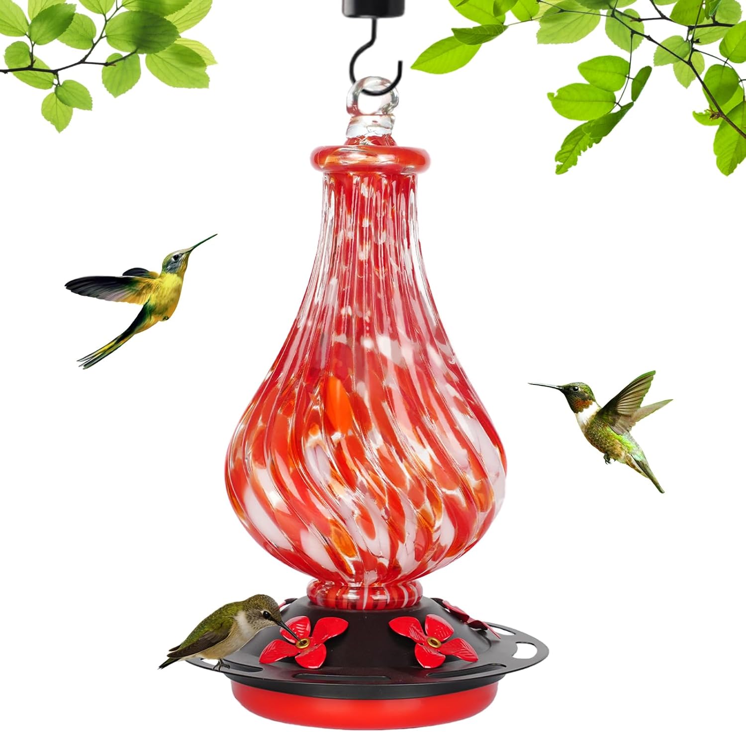 Glass Hummingbird Feeder,24oz Red Hand Blown Humming Bird Feeders for Outdoors Hanging with 5 Feeding Ports & Ant Moat,Unique Gifts for Women Men,Hanging Garden Decor