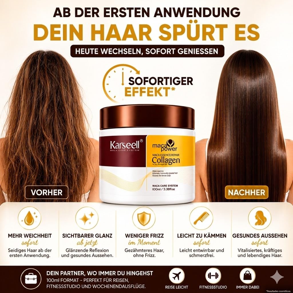 Karseell MACA CARE SYSTEM Set Haarmaske Kollagen 100ml + Arganöl-Serum 50ml Kokos Maca Tiefenreparatur Intensive Feuchtigkeit Anti Frizz Trockene Geschädigte Haare Professionelle Pflege Reisegröße