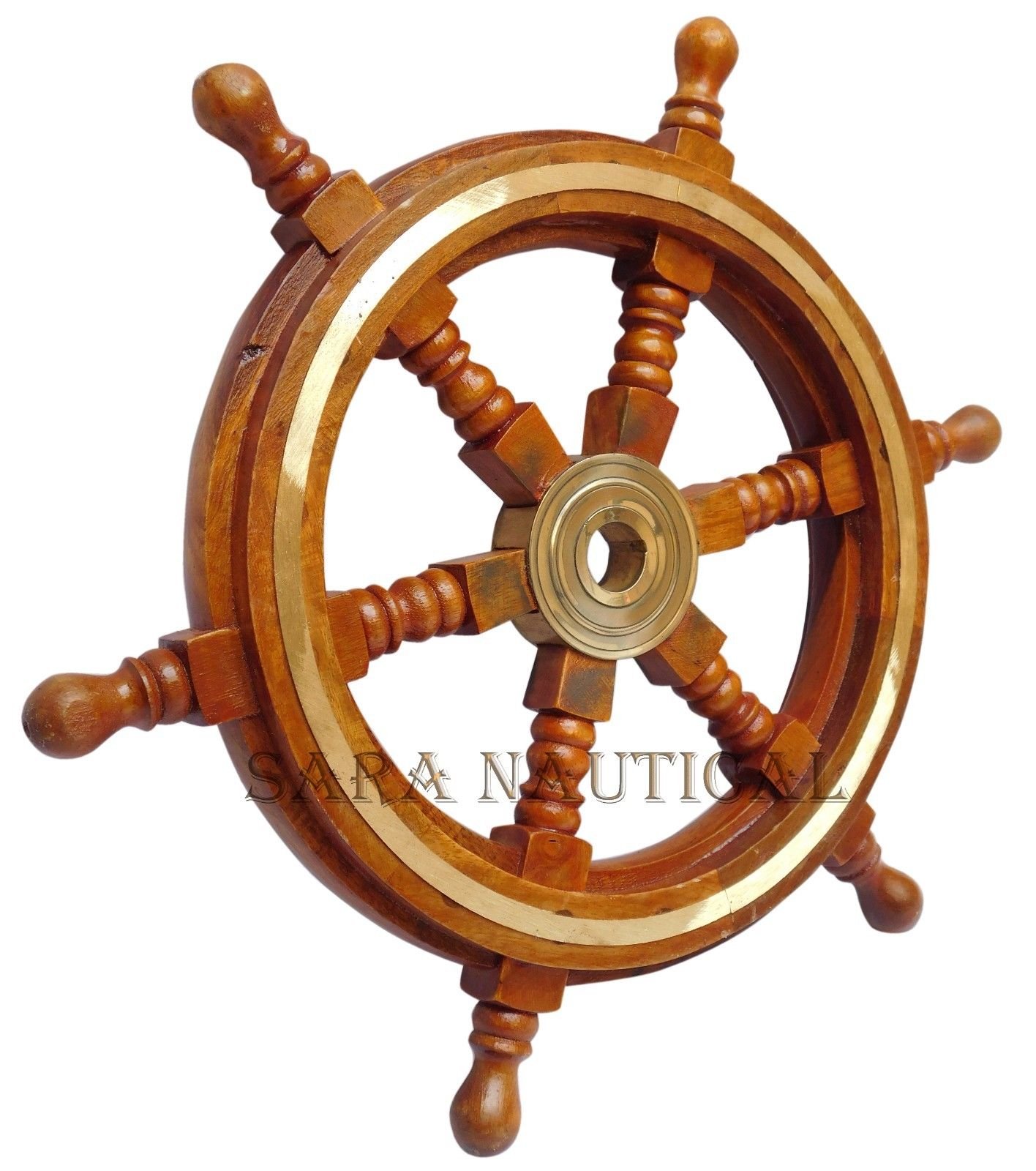 Sara Nautical Ship Wheel Wooden Brass Hub Ship Wheel Pirate Decor Nautical Maritime 12''