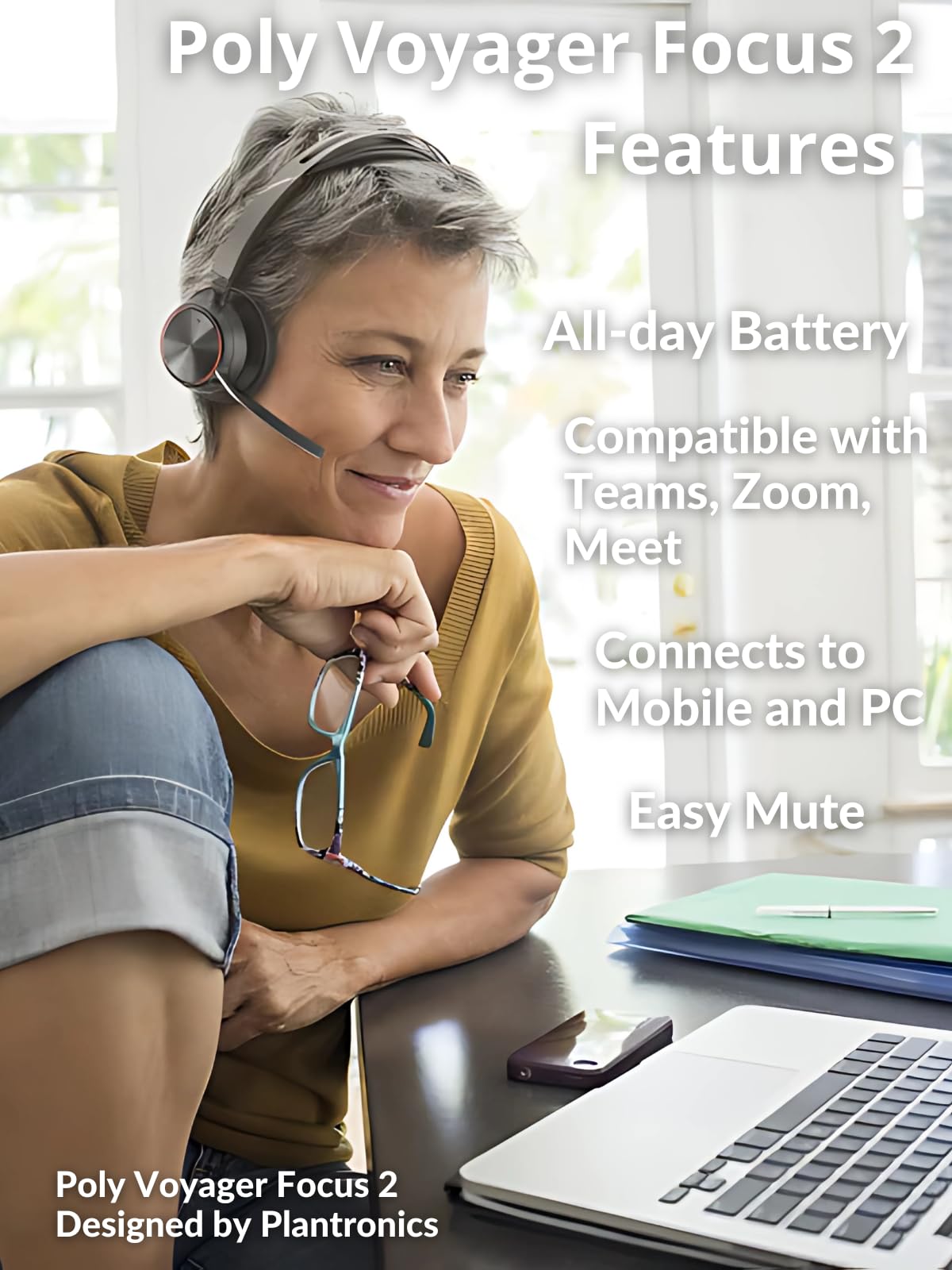 Poly Plantronics Voyager Focus 2 USB C Stereo Bluetooth Wireless Headset with USB-C Dongle and Charging Headset Stand - for Meetings, Teams, Zoom, Ringcentral, Mobile Phone Calls, PC, w/GTW Cloth