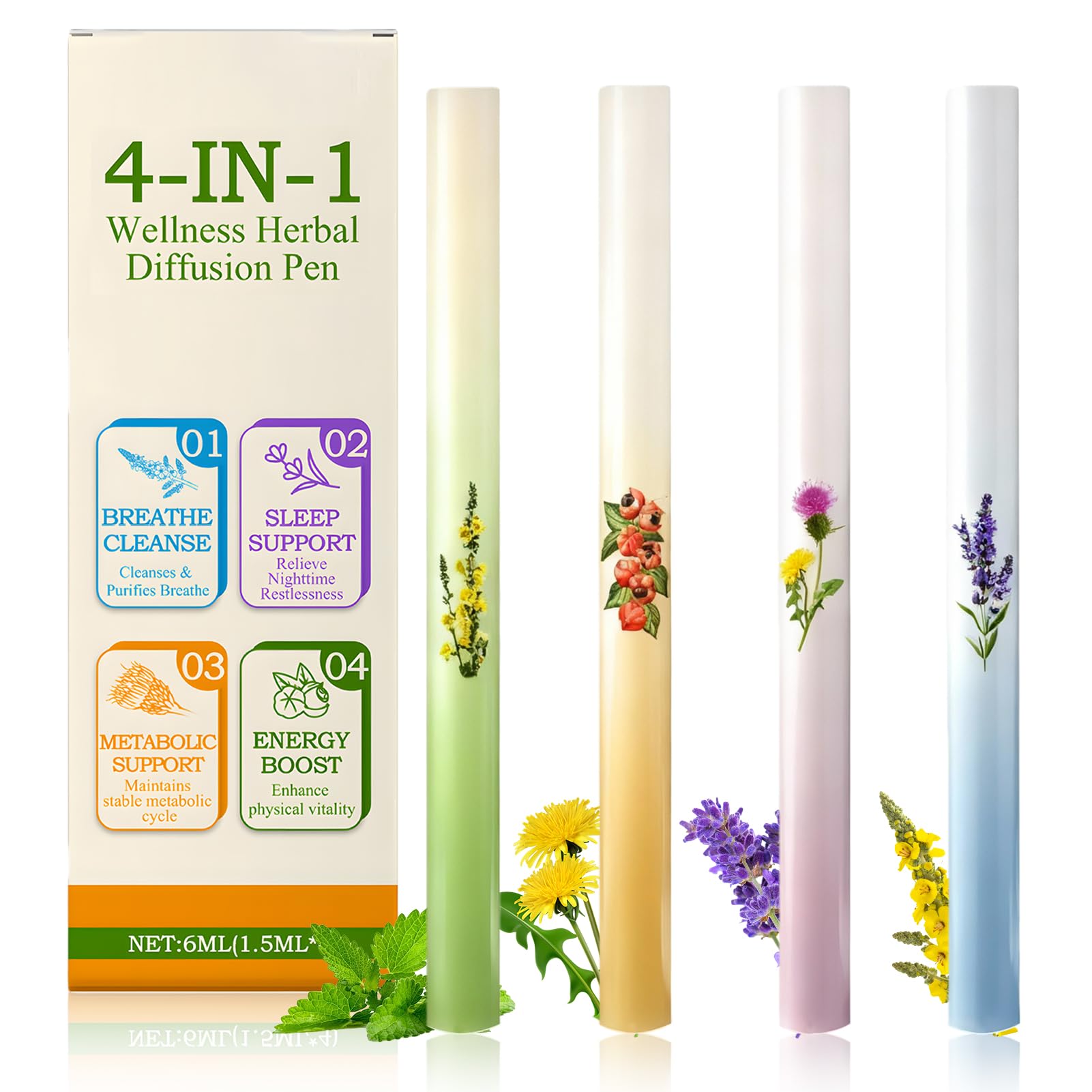 4 PCS Diffusore di Erbe Aromatiche, Herbal Diffuser Pen, Formula con Estratti Vegetali Multipli, Design Portatile, Aumenta l'energia, Rinfrescante e Rinvigorente