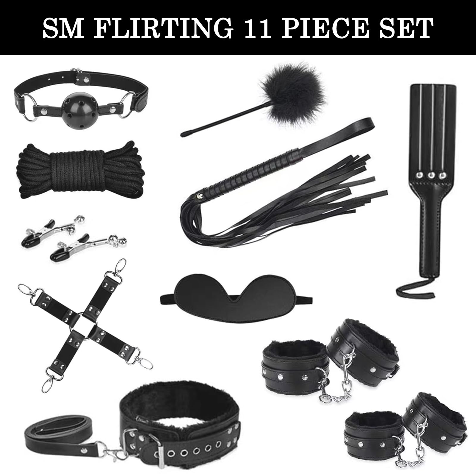 Menottes Lit Kit Toys Homme Femme Couple Set Accessoires 11 PCS Kits de Bondage,Cravache Menottes Sexy érotique Pinces pour Mamelon Cordes Baillon Collier (Noir-11)