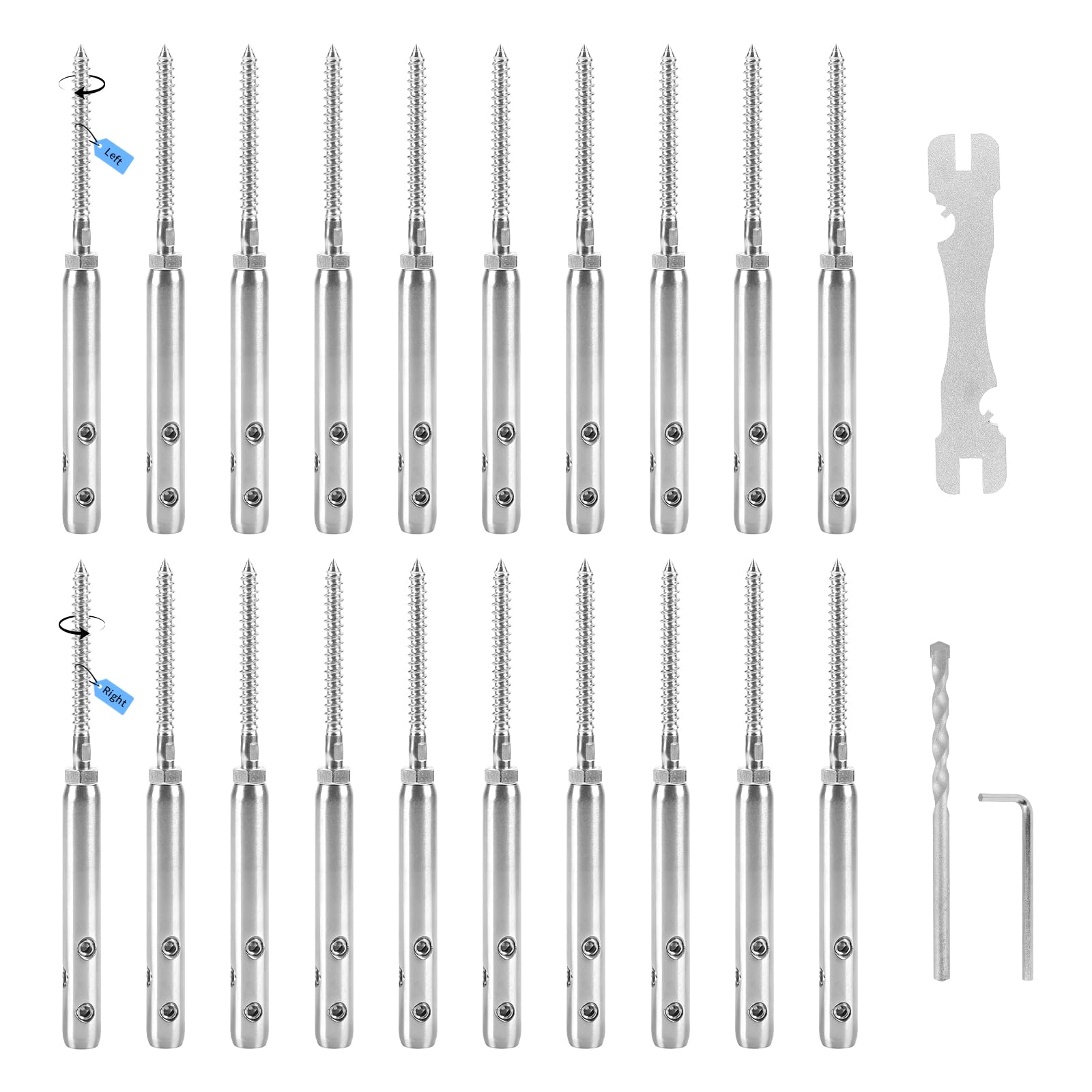 Tendifilo per recinzioni 3 mm Vite di Tensionamento in acciaio inossidabile T316 Set per fissaggio cavi e ringhiere – 10 Filettature destrorse e 10 Sinistrorse (20 pezzi)