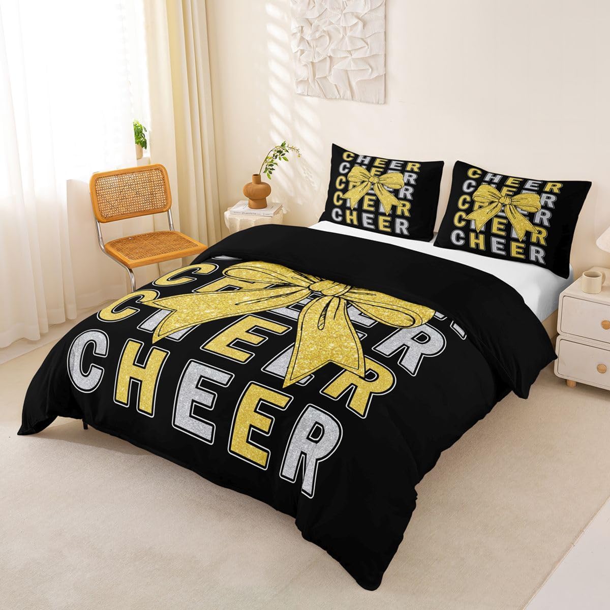 Feelyou Cheer Bow Duvet Cover Queen Size Glitter Cheerleader Comforter Cover for Boys Girls Cheerleading Bedding Set 3Pcs Sport Room Decor