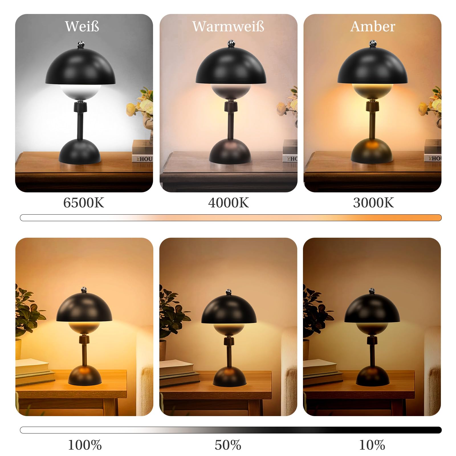Rosnek Tischlampe Kabellose LED, 360° Magnet Schwenk Kabellose Pilz Lampe, 5000 mAh Dimmbare Akku, 3 FarbUnbegrenztes Dimmen Nachttischlampe, Outdoor/Indoor Tischlampe Akku (Schwarz, 2er Pack)