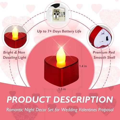Miniatura 2 de Homemory 24 velas LED de té que funcionan con pilas velas románticas de corazón con 1000 pétalos de rosa roja falsos y 30 globos rojos para el día