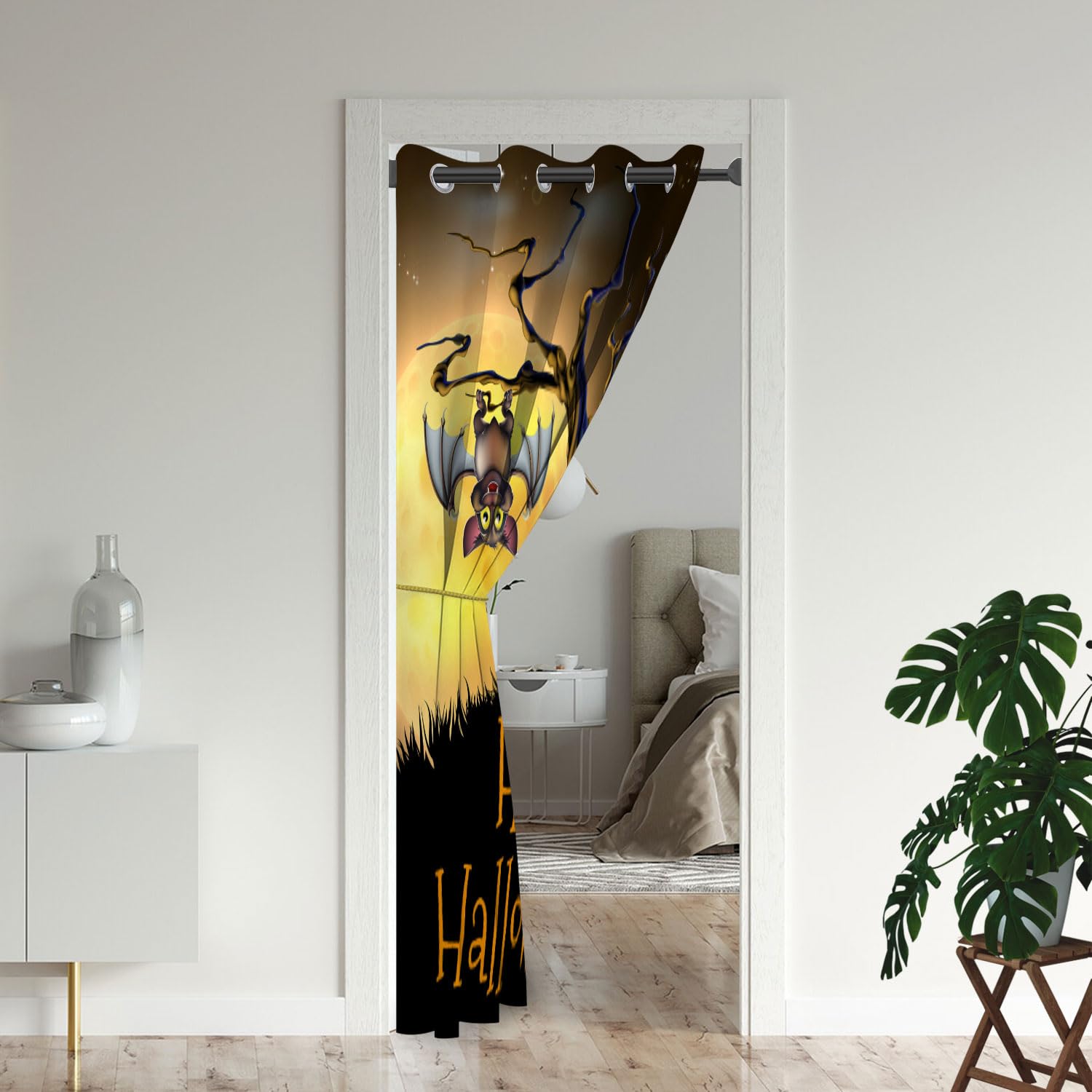 ONINUO Halloween Door Curtains for Doorways, Moon Horror Bat Scary Haunted Blackout Curtain for Kids Bedroom Closet, Grommet Thermal Insulated Privacy Door Drapes for Room Divider, 34