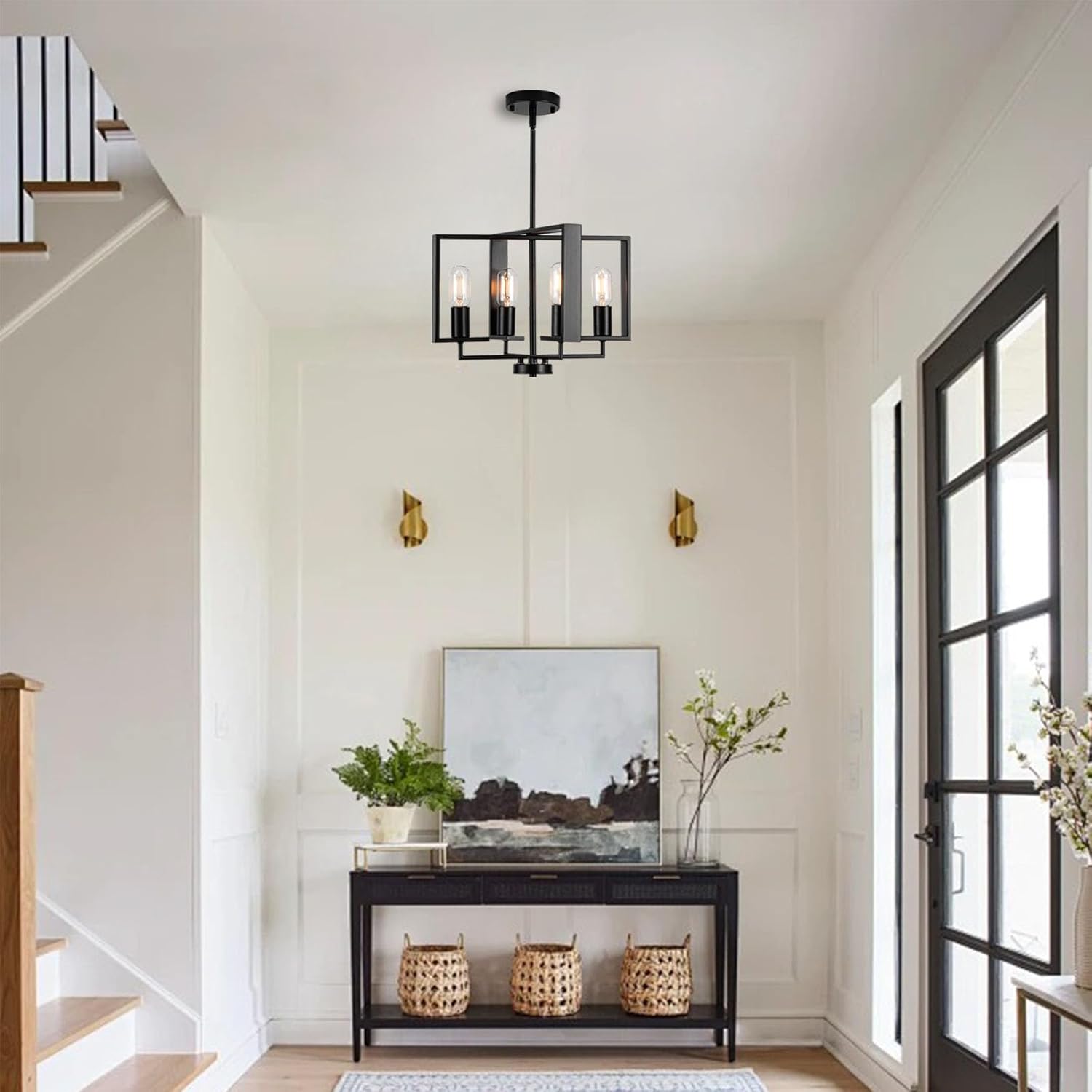 Modern Chandeliers for Dining Room, Black Farmhouse Chandelier, 4 Lights Industrial Pendant Light Fixture Adjustable Hanging Lights for Living Room Entryway Kitchen (Black, 16.14【4 Lights】)