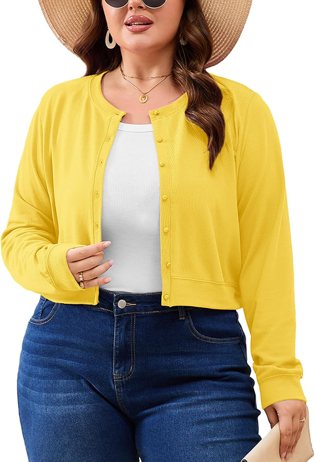 AusLook Plus Size Cropped Cardigan for Women Lightweight Button Front Knit Crew Neck Short Cardigan Casual for Dresses 1X-5X