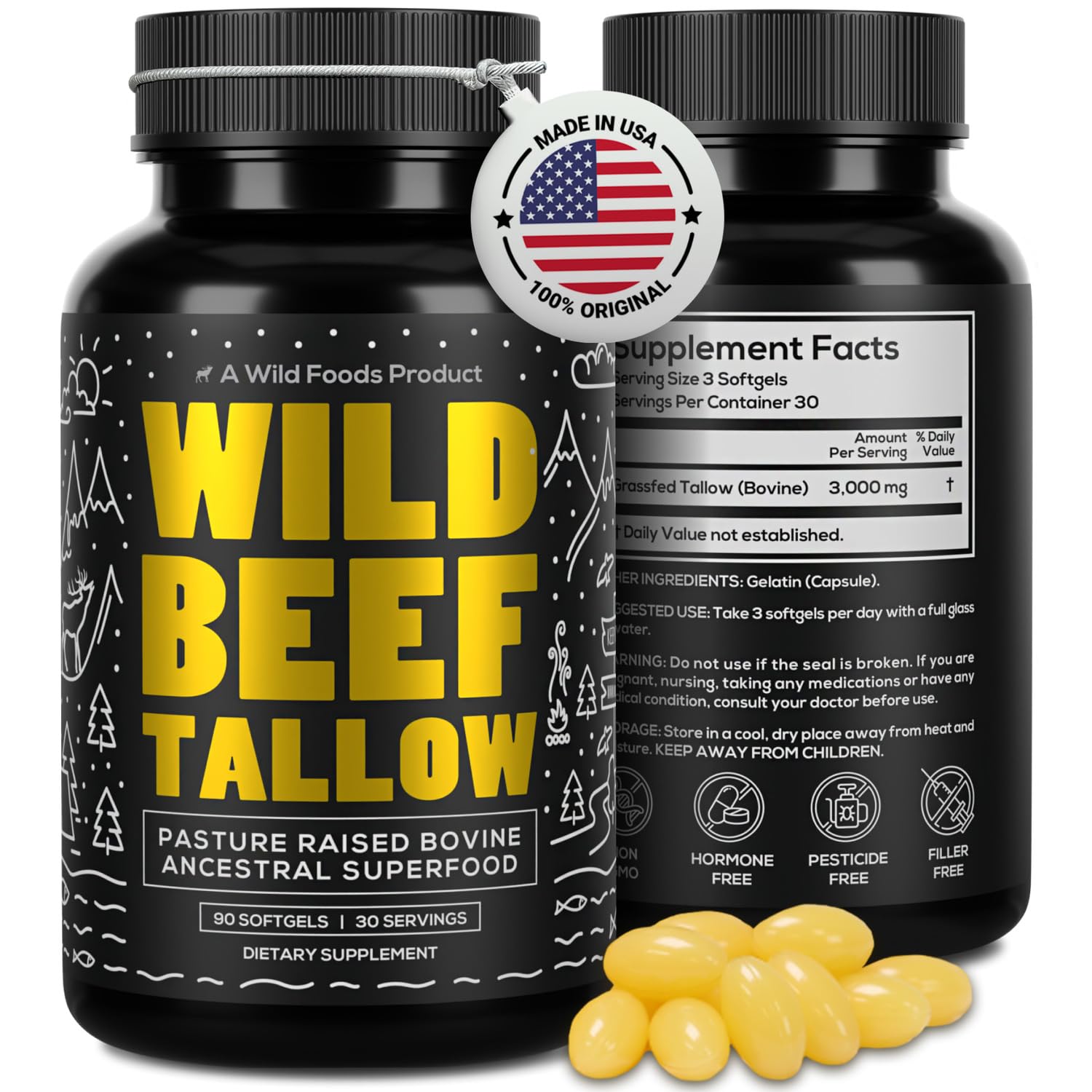 Wild Foods Grass-Fed Beef Tallow Capsules | 3,000mg Per Serving | Pure Ancestral Nutrition for Skin, Hormones, and Energy | Keto, Paleo & Carnivore Diet Approved | 30-Day Supply
