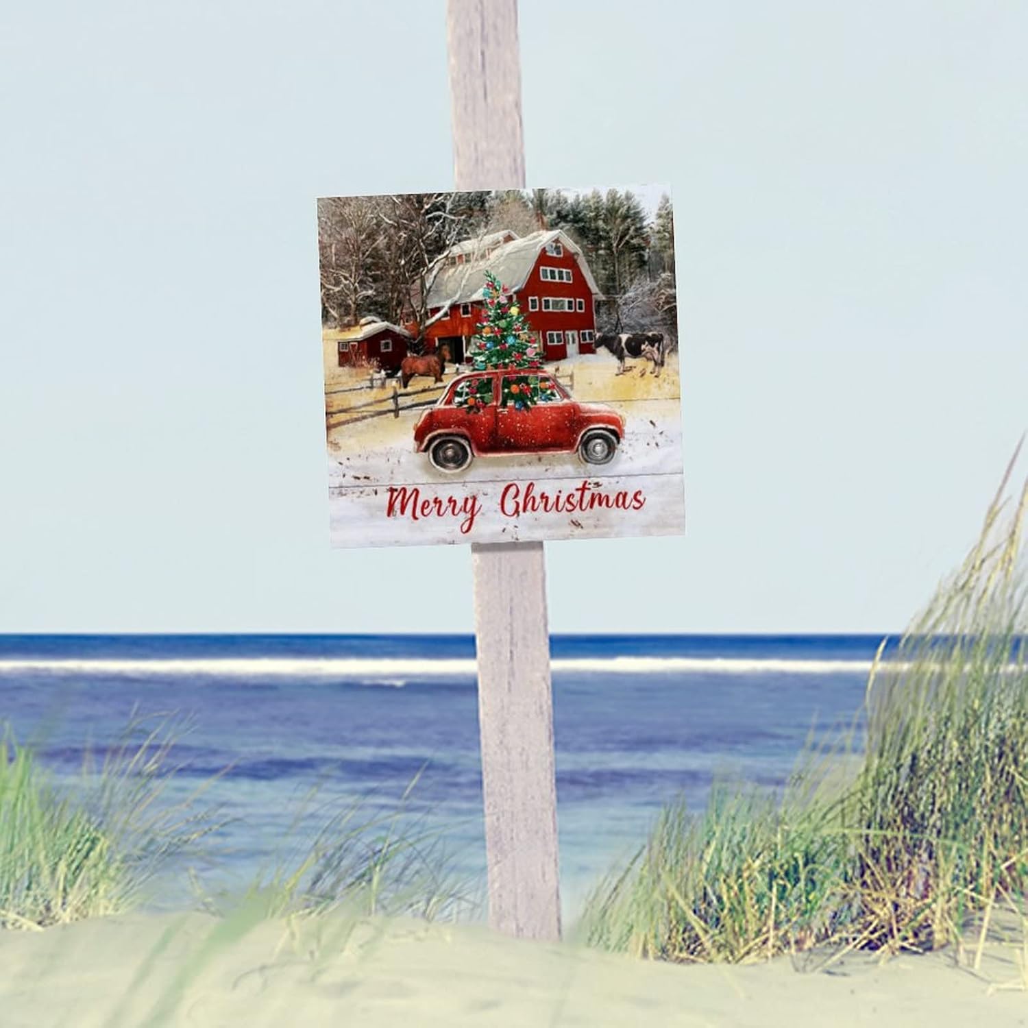 Merry Christmas Farm Barn Wood Sign Farm Horse Cow Red Truck Hanging Wall Art Sign Retro Merry And Bright Wood Hanging Sign Decor For Home Bathroom Indoor Kitchen Garden Housewarming Gift 16x16in