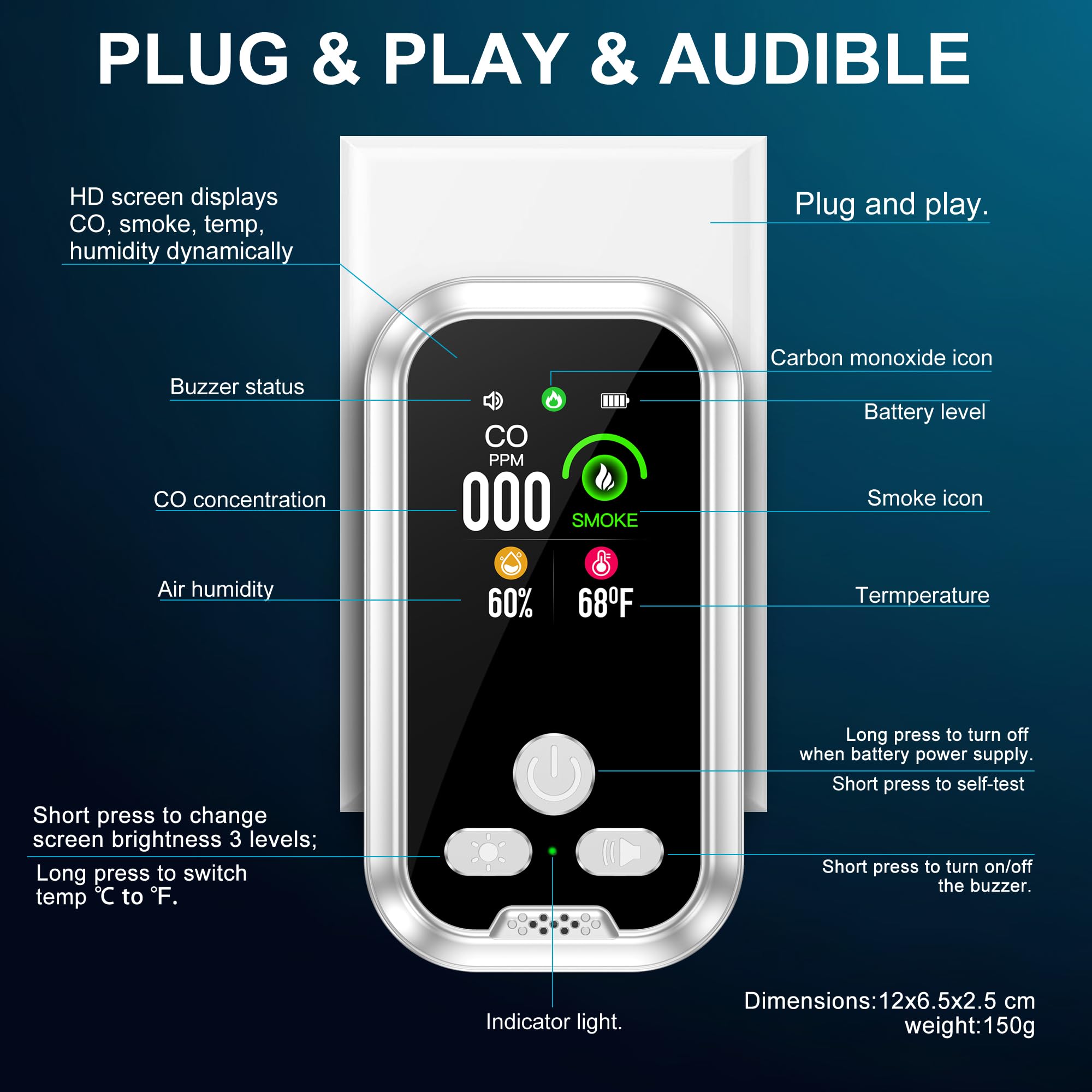 Plug in 4in1 Rauchmelder Kohlenmonoxid Melder Kombination, mit 2000mAh Batterie und 2.1'' HD Bildschirm [CO Temp Rauch Feuchtigkeits Monitor] Plug&Play für Home Hotel, Weiß V2