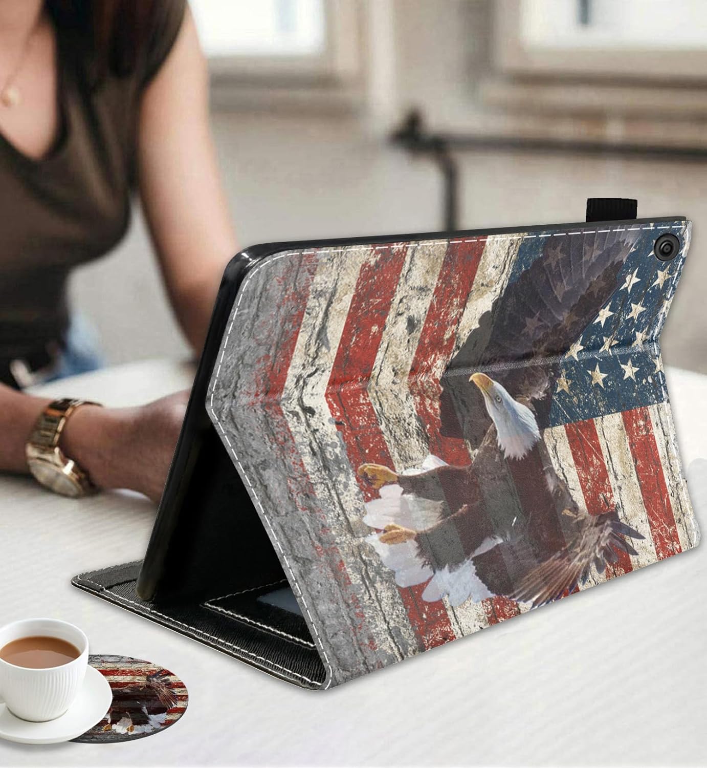 Case for Amazon Fire HD 10 Tablet 10.1 inch (9th/7th Generation, 2019/2017 Release) - Slim Lightweight PU Leather Stand Cover with Auto Wake/Sleep, Military Wall Graffiti USA Flag Bald Eagle