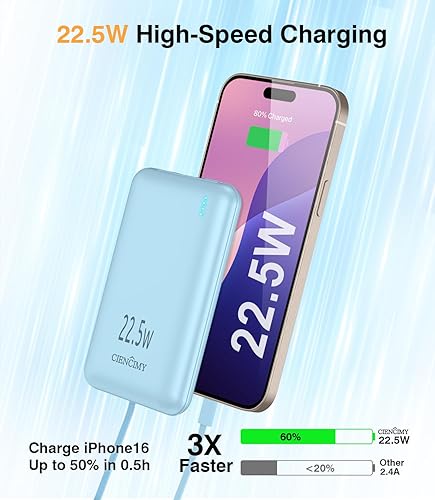 Portable Charger Power Bank,Portable Phone Charger 10000mAh,22.5W Fast Charging with Built in Cables,Travel Battery Pack Compatible with iPhone 17/16/15/14/13,Android, iPad,Airpods(Pink)(Blue)
