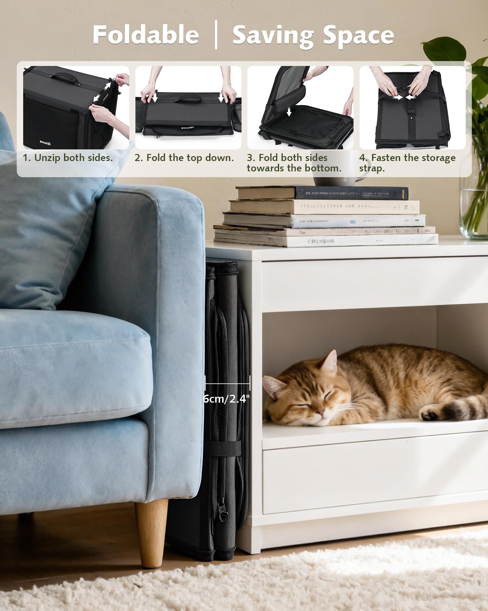 Pecute Transportin Gato Perro Plegable Jaula para Gatos Perros Casa de Gatos Perros con Cerradura y Correa de Seguridad Ajustable, Apto para Coches, Tiendas de Campaña para Mascotas, Gris Oscuro