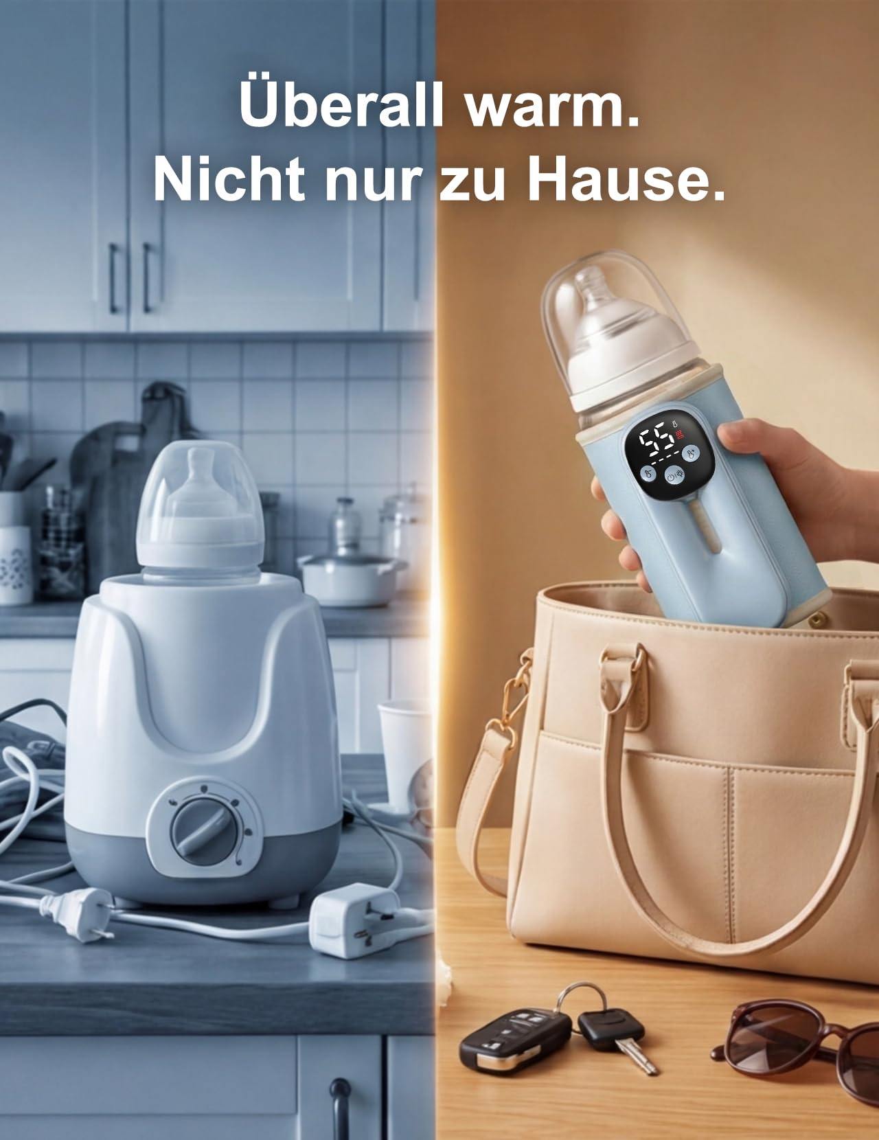 Flaschenwärmer Baby unterwegs 8000mAh Akku, 6 Temperaturen (Lazur) | Tragbarer Flaschenwärmer mit LED-Display, Nachtlicht & USB-C Schnellladung – für unterwegs & Nachtfütterung