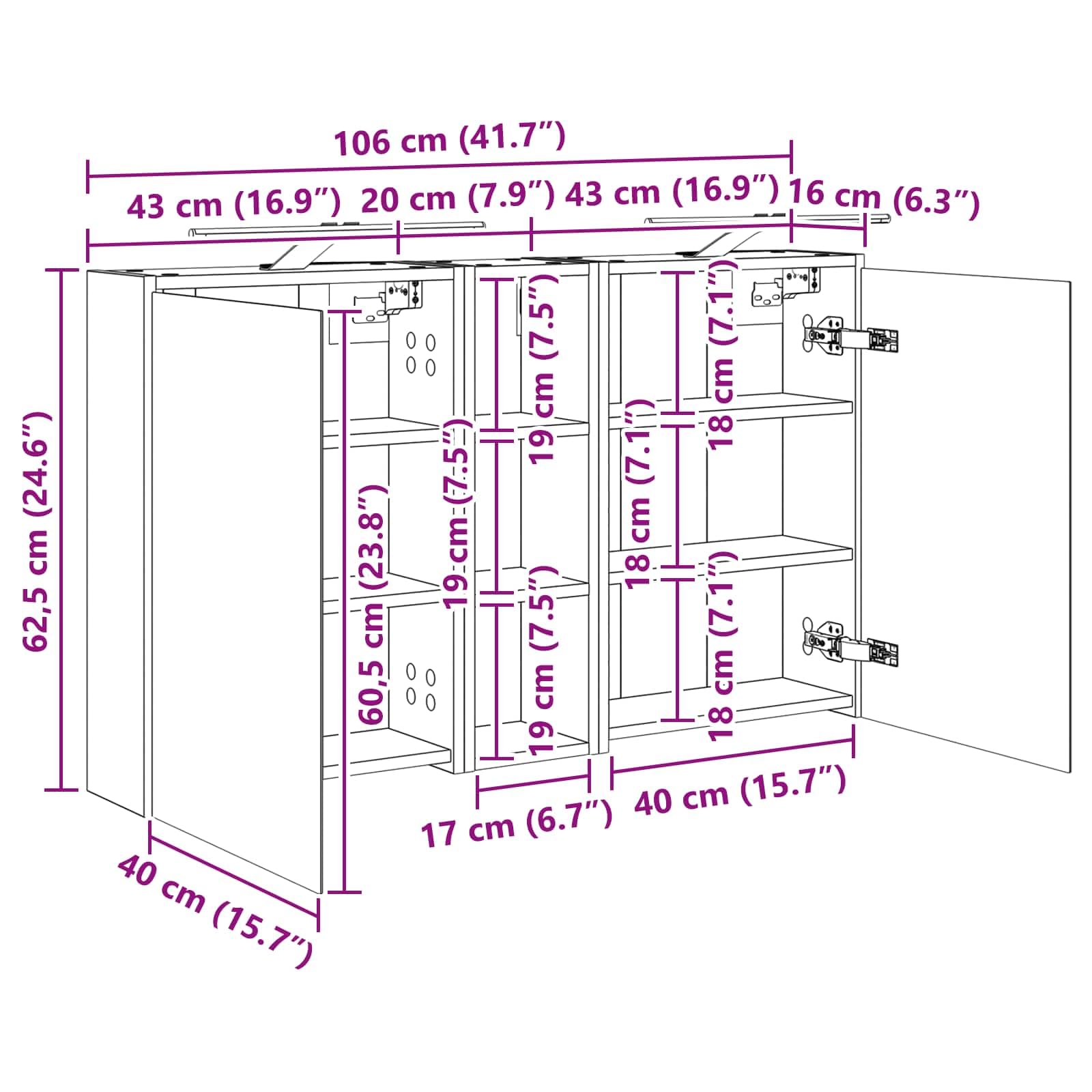 Lot de 3 armoires de salle de bain en bois 106 x 16 x 62,5 cm avec éclairage LED, montage mural, miroir bidirectionnel, espace de rangement, meubles de salle de bain pour invités WC et salle