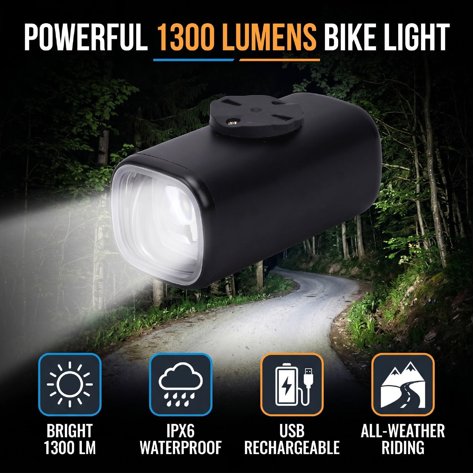 Generic Luce per Mountain Bike con luminosità 1300LM Installazione Semplice per Pendolarismo e Guida Notturna Impermeabile Antipioggia