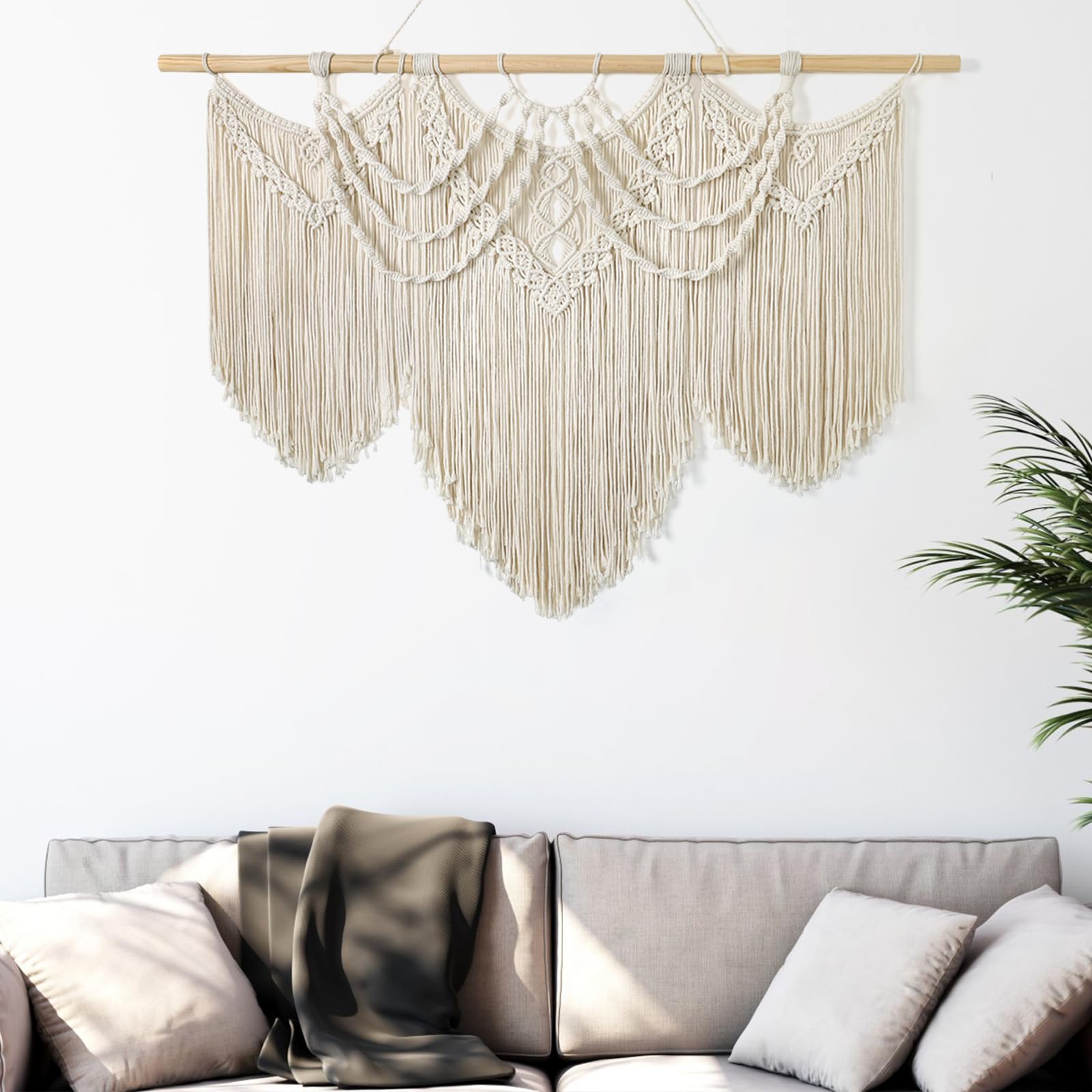 UXORSN Large Macrame Wall Hanging Boho Handmade Woven Tapestry Tassel Craft Ornament Wall Art Beige Natural Cotton Rope Bohemian Chic Wall Decor for Bedroom Living Room Office Apartment - Image 2