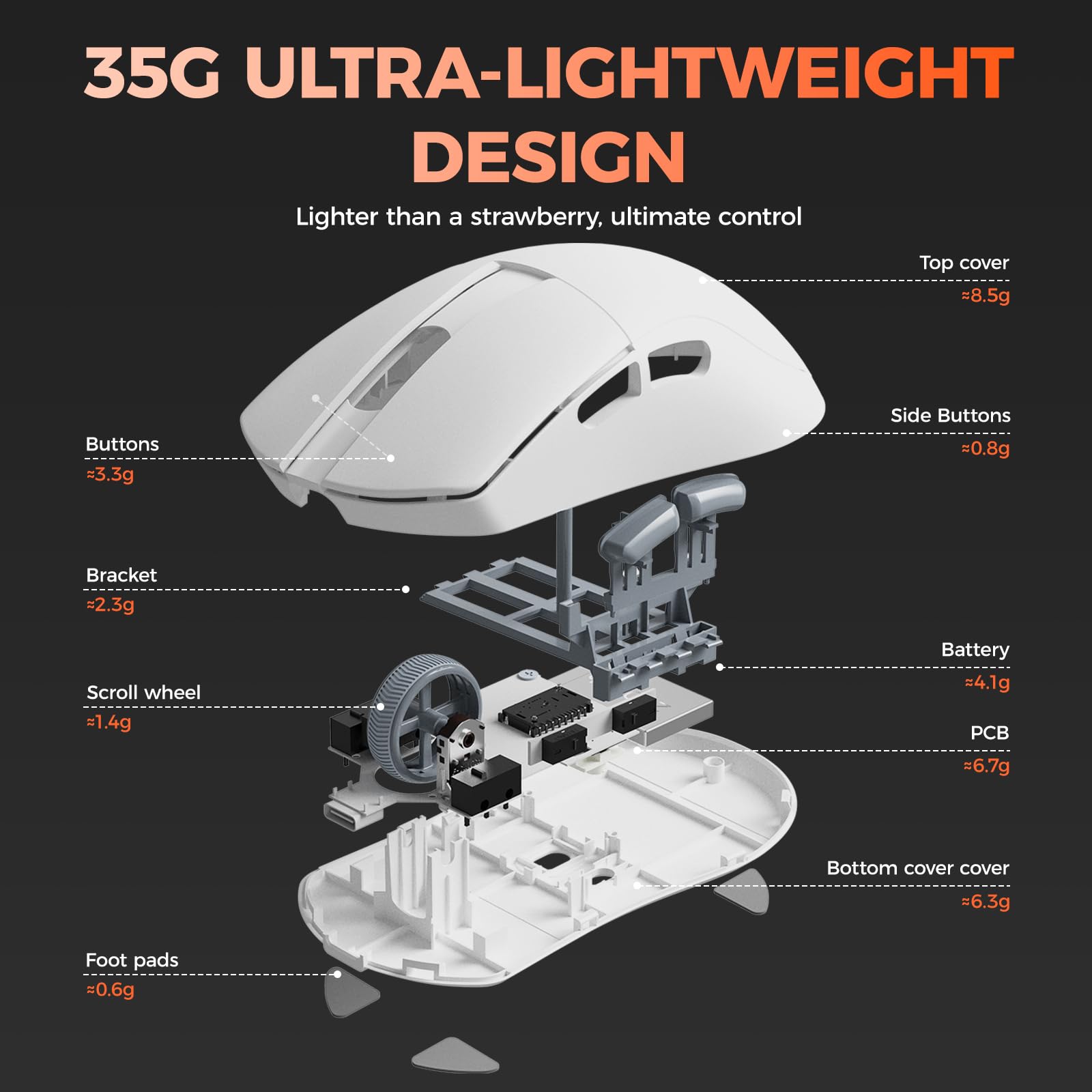 DAREU A950 Wing Ratón inalámbrico Gaming Ultraligero para Juegos, Doble tasa de sondeo de 8K, Sensor óptico AIM-750U, 30K dpi, 100 Millones de clics, simétrico, 5 Botones programables, duración de la