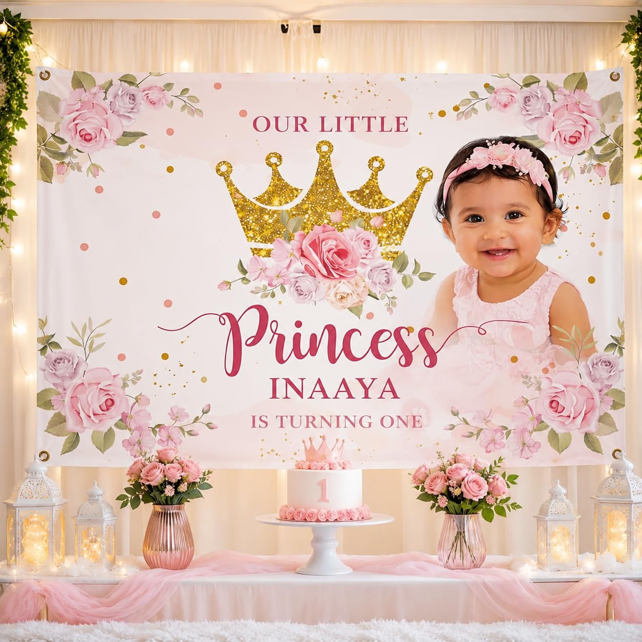 Personalised 1st Birthday Backdrop Banner for Girl with Name & Photo | Baby Girl First Birthday Decoration Banner | Custom Background for Cake Smash, Photo Booth, Party Decoration-image-12