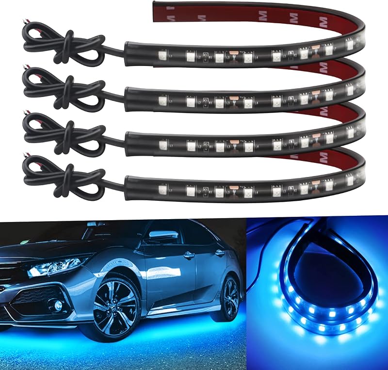 Keiurot 12V Led Light Strip for Cars 32CM Waterproof IP67,4-Pack | Ice Blue Led Strip Lights for Car Underglow Motorcycles Golf Cart Boat Marine interior Exterior, 5050 18-SMD,Strong Adhesive