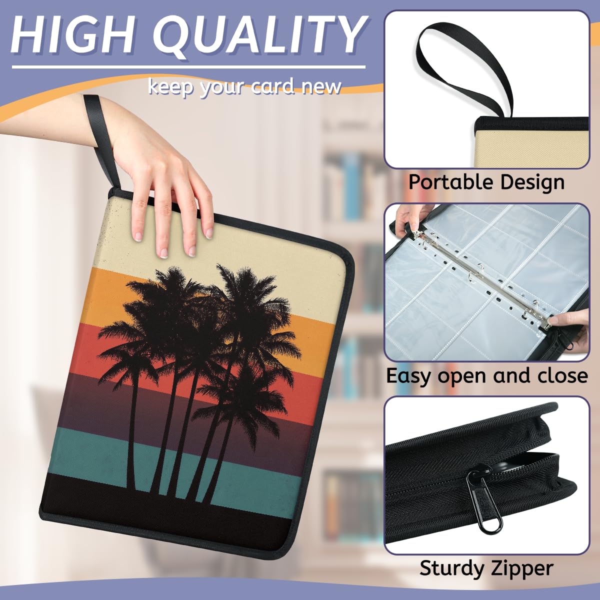 Raccoglitore per carte con 9 tasche, 900 tasche, con chiusura a cerniera (palma a righe di colore metallico)
