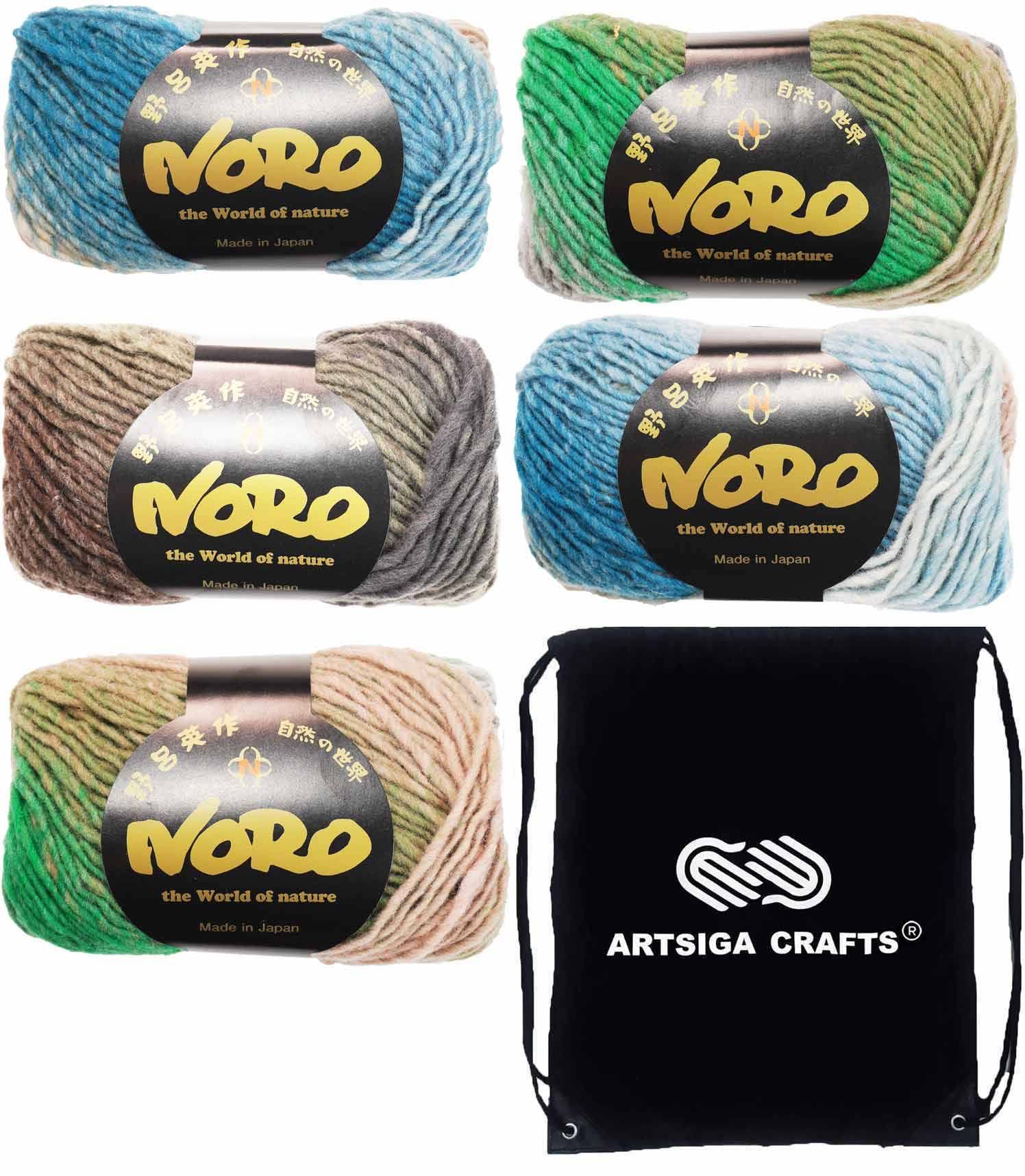 NoroKureyon Knitting Yarn Color #343 AKO Worsted Weight #4, 100% Wool, 5 Skeins per Pack (Same Dyelot), Hand-Dyed by World of Nature Artist Eisaku Noro, Bundled with Artsiga Crafts Project Bag