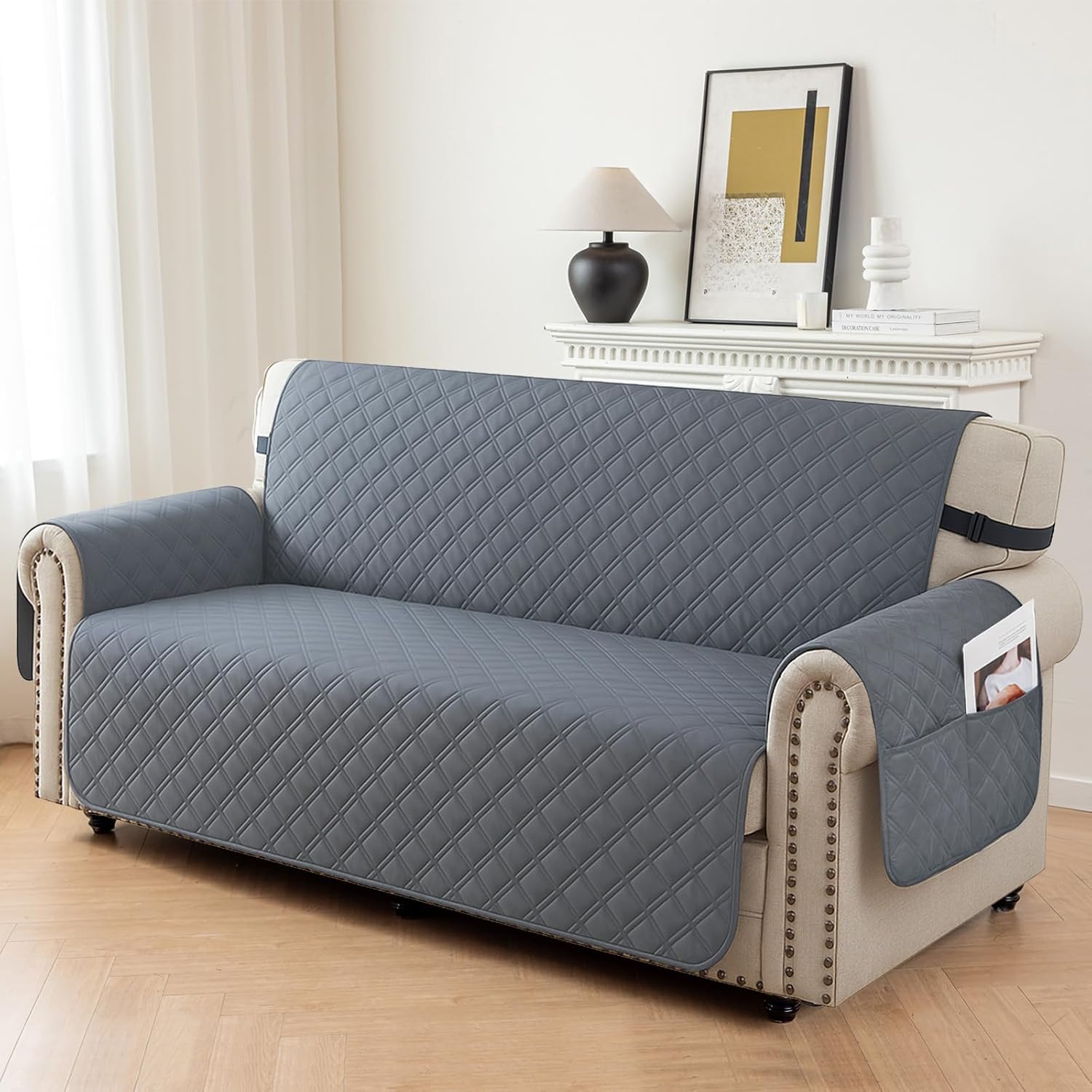 Waterproof Couch Cover for Pets, Sofa Covers for 3 Cushion Couch Washable, Non Slip Couch Covers for Dogs with Side Pockets Elastic Straps, Quilted Couch Covers for Sofa (Sofa, Dark Grey)