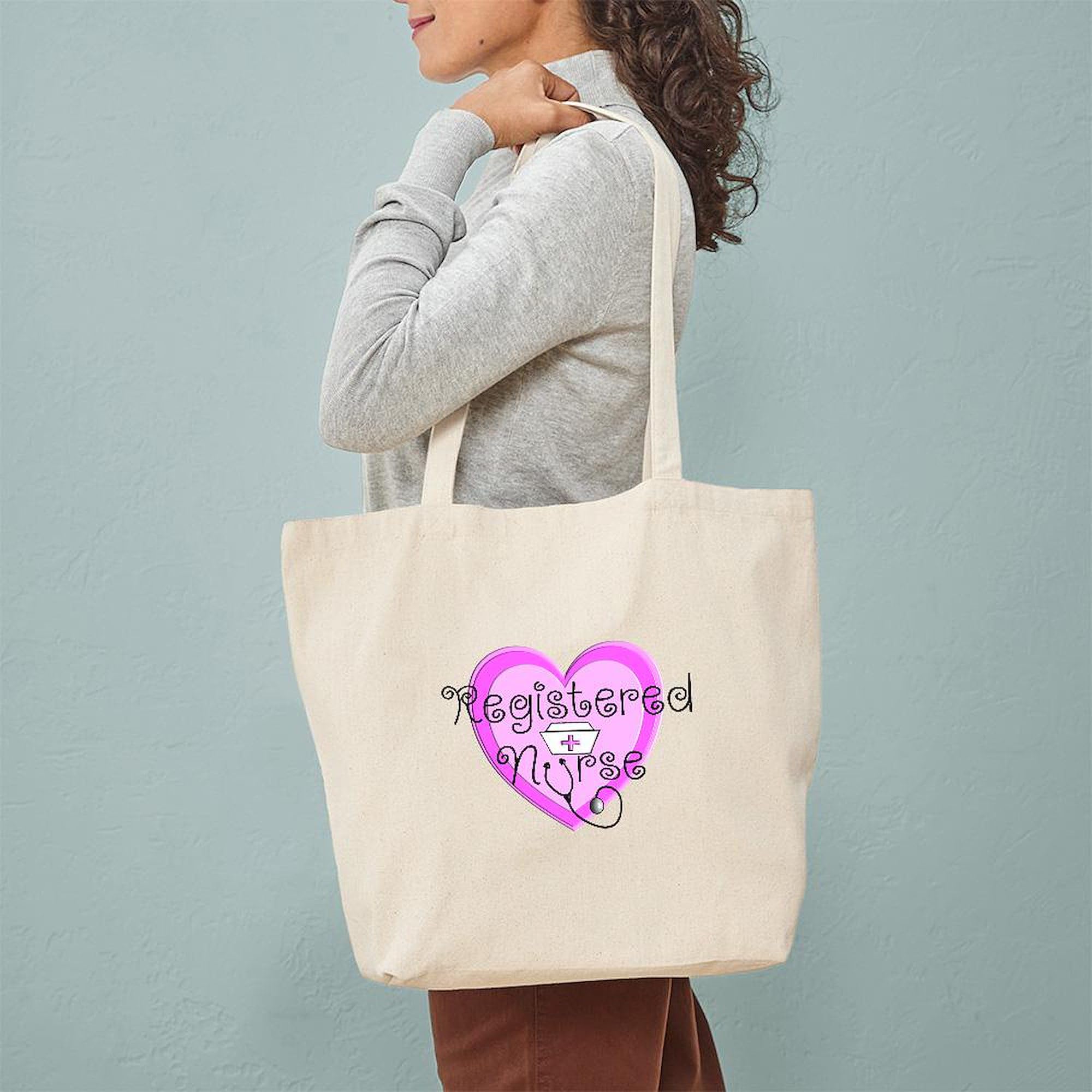 CafePress RN Heart Pink Stethoscope Tote Bag - Natural Canvas Reusable Shopping Bag, Two Sizes