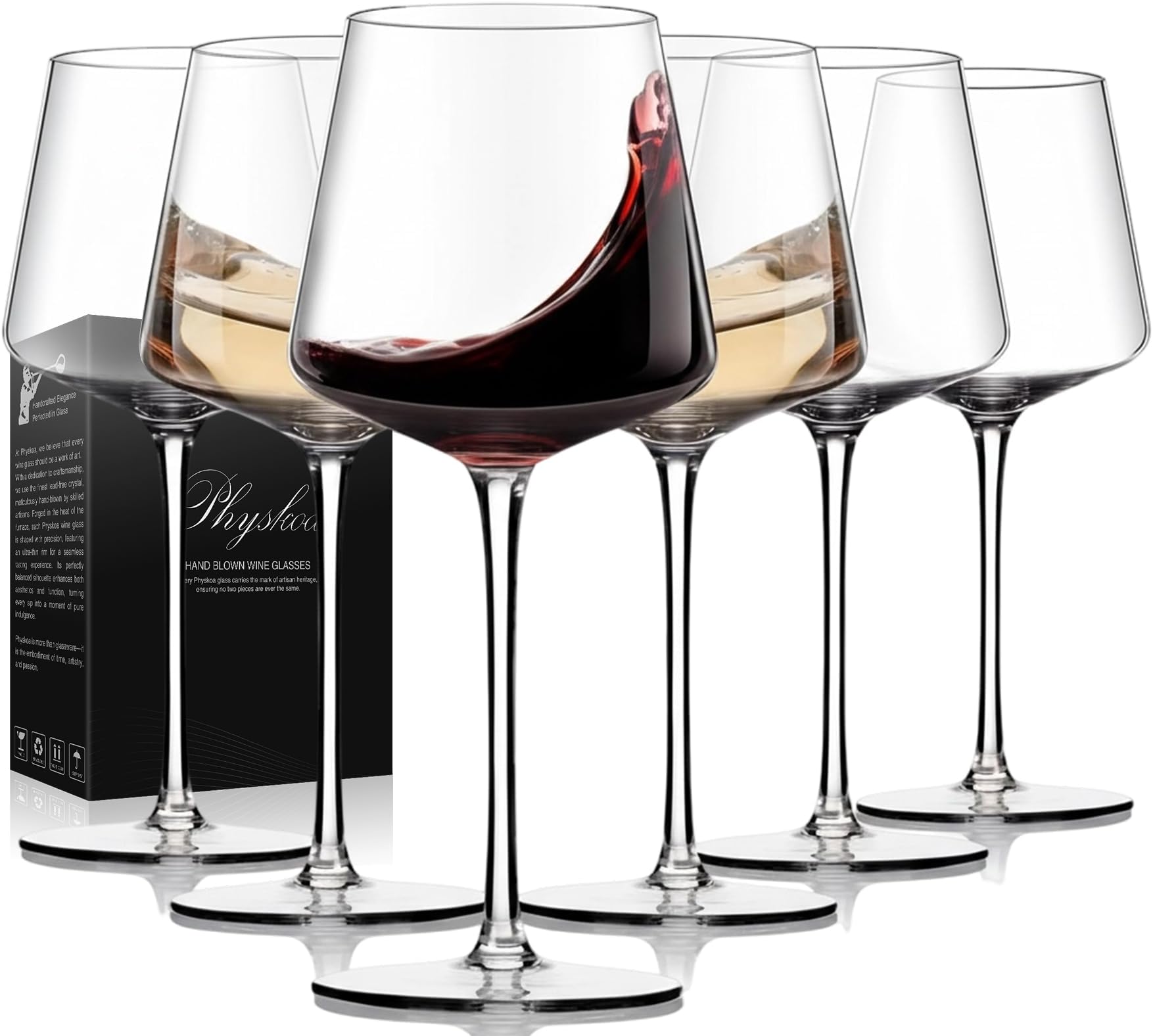 Physkoa Wine Glasses Set 6-15oz-LeadFree White Wine Glass with Long Stem,Clear Stemmed Wine Glasses【HandBlown Glassware】 Crystal Wine Gifts for Women Birthday Wedding