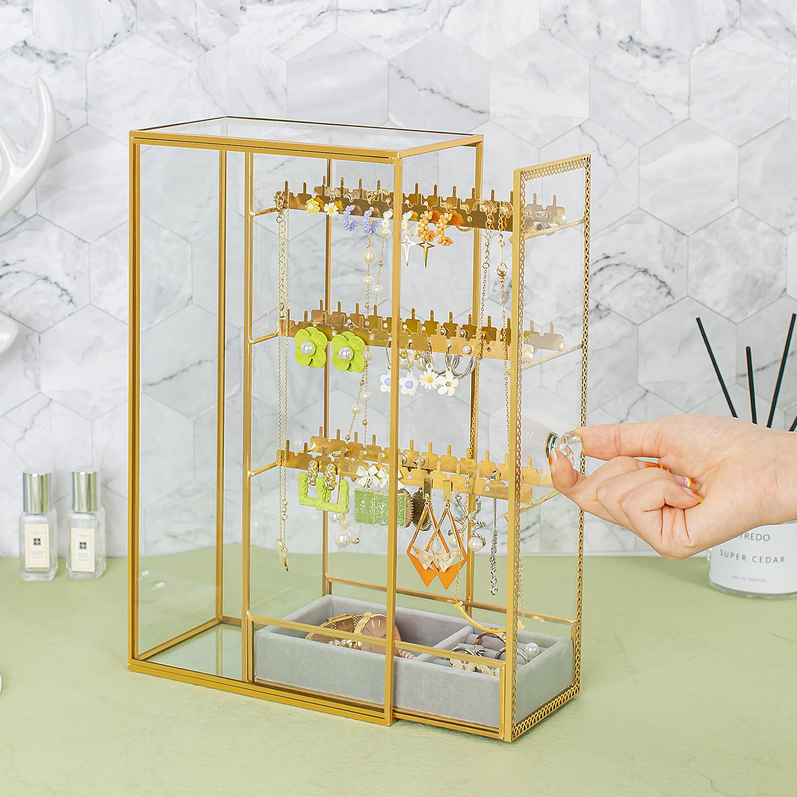 Ohrringhalter aus Glas, Schmuck-Organizer, Ohrringhalter mit Haken zum Aufhängen, Glas-Ohrring-Präsentationsbox für Halsketten, Ringe