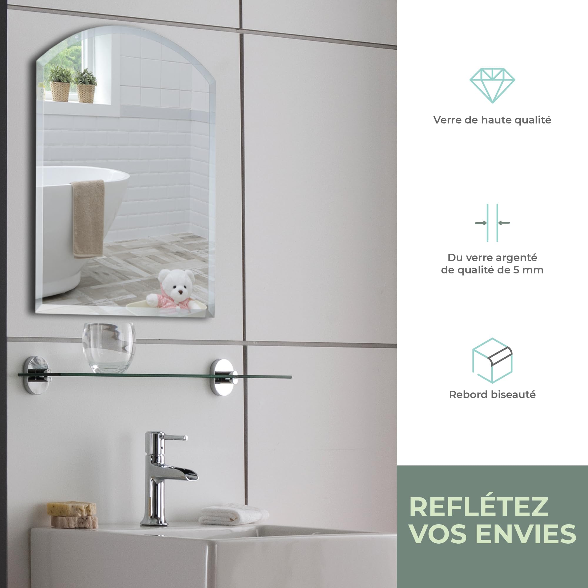 Mood® Specchio da Parete ad Arco per Bagno, Senza Cornice, Specchiera per Ingresso, Corridoio, (60cm X 45cm)