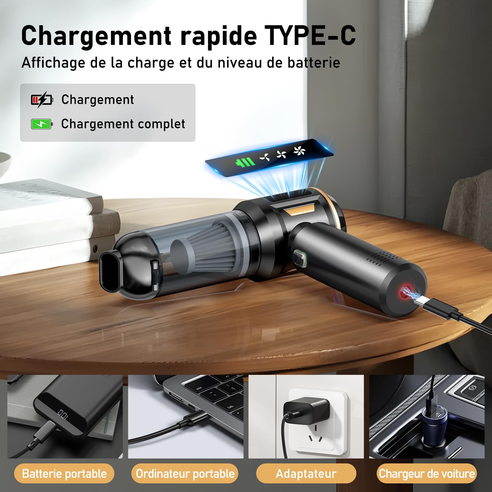 Aspirateur à Main, 17000Pa 4 en 1 Aspirateur sans Fil avec Vidage Automatique 1 Touche, Moteur sans Brosse, Mini Aspirateur, 3 Niveaux d'aspiration pour la Voiture, Maison, Poils d'animaux - 5