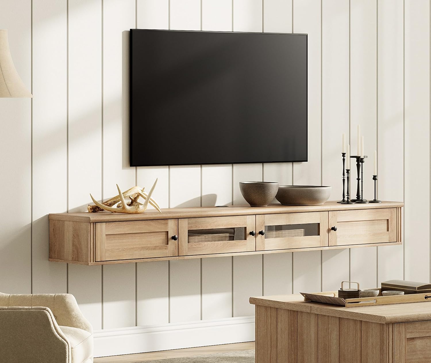 WAMPAT Farmhouse Floating TV Stand with Charging Station, Wall-Mounted Glass Entertainment Center with LED, Modern Floating Shelf for TVs up to 80 Inches, Oak