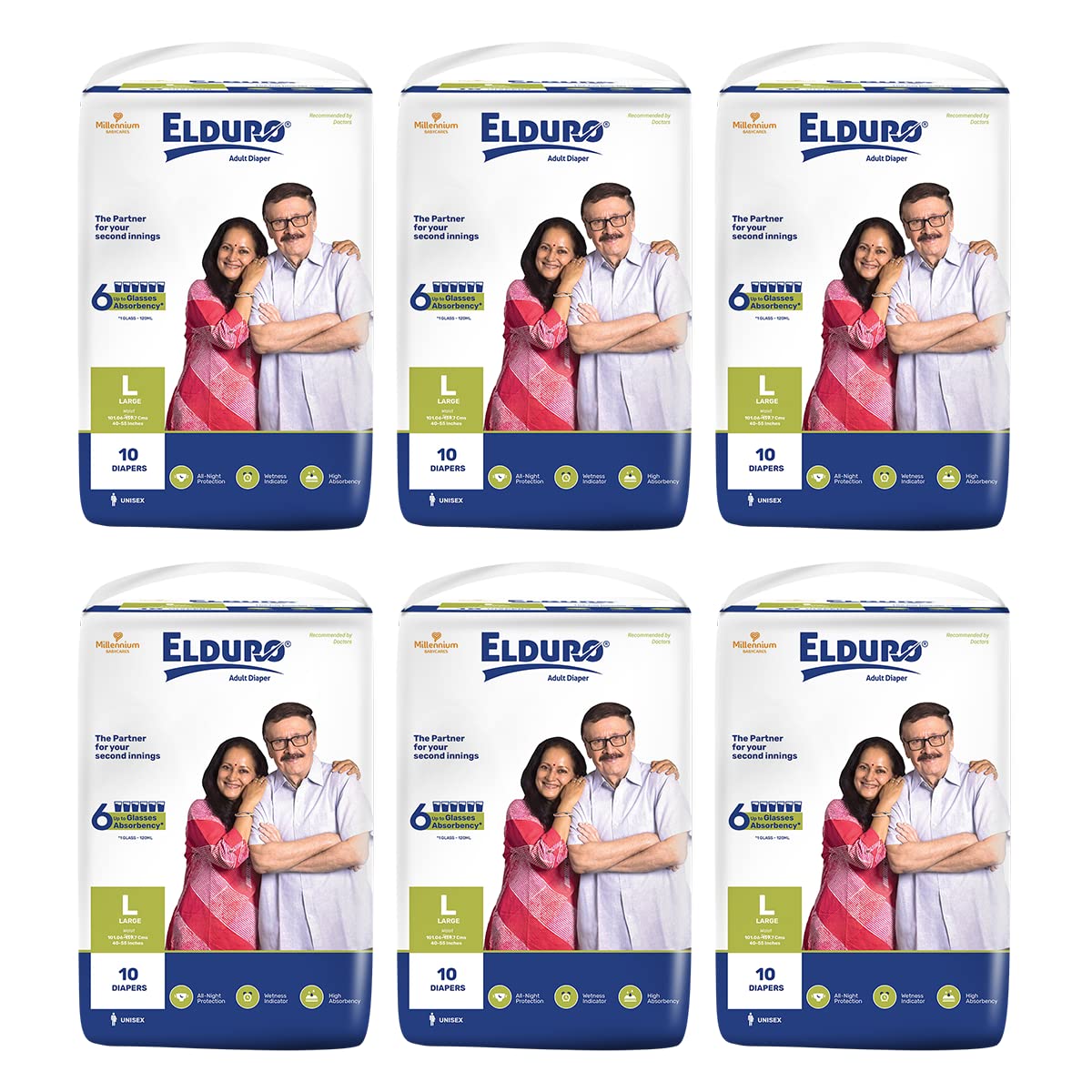 ELDURO Adult Diapers Large Size | 101.06-139.7cm (40"-55") | Tape Style, Adult Diapers L Size, Adult Diapers Large Size, Unisex, Leakproof, 14hr Overnight Protection - Pack of 6 (60 counts) (B0BBGBDND4) Amazon Price History, Amazon Price Tracker