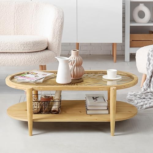 Miniatura 6 de RUSTOWN Mesas de centro de ratán, mesas de cóctel bohemias ovaladas de 2 niveles, mesa de centro moderna de mediados de siglo con tapa de ratán y