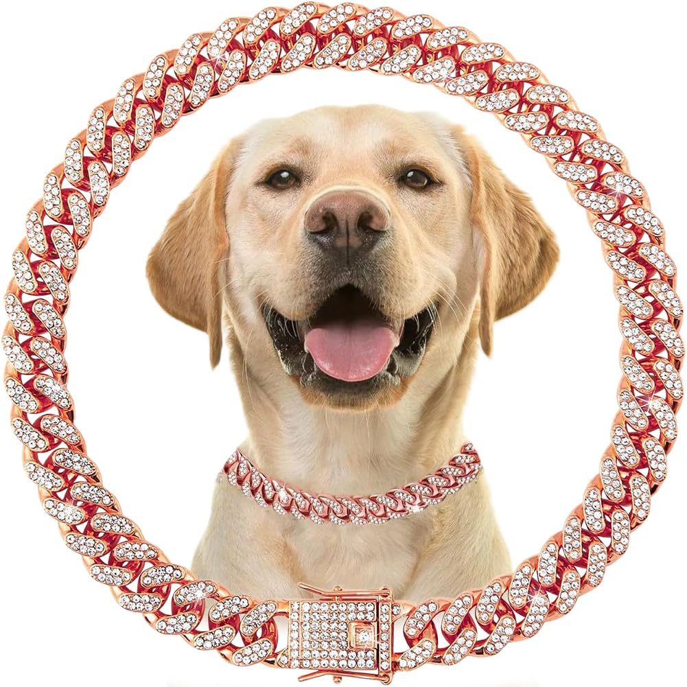 Rose Gold Dog Necklace Collar with Bling，Diamond Metal Cuban Link Dog Collars,Rhinestone Glitter Chain Dog Collar for Small Medium Large Pet Dogs Cats，18 Inch