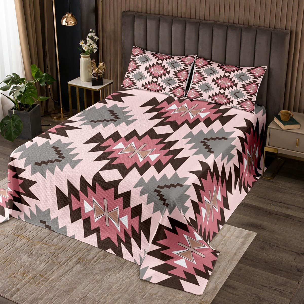 jejeloiu Southwest Native Bedspread Southwestern Geometric Bedspread for Kids Boys Girls Tribal Coverlet Set Pink Gray Quilted with 2 Pillowcases 3Pcs Bedding King