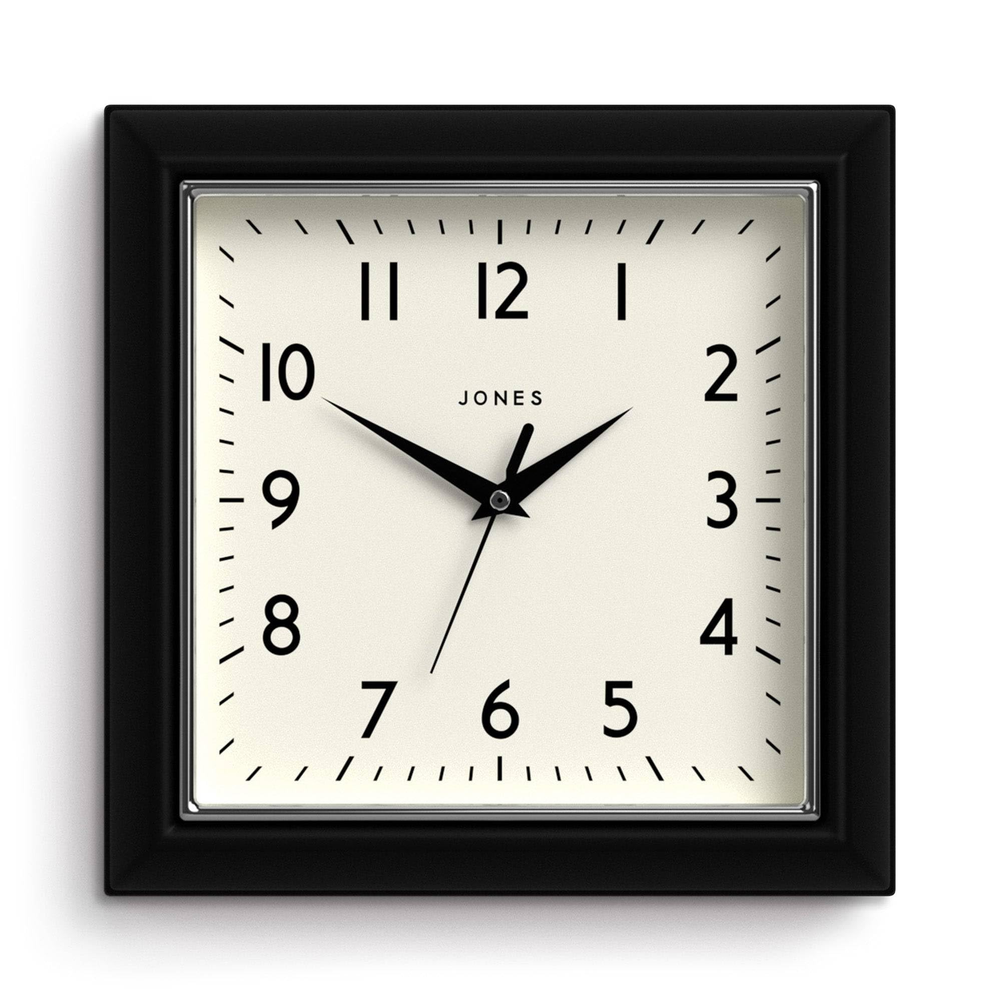 JONES CLOCKSMustard Wall Clock | Square Retro Clock | 10 inch | Black | Easy to Read Numbers | Perfect for Kitchen or Office