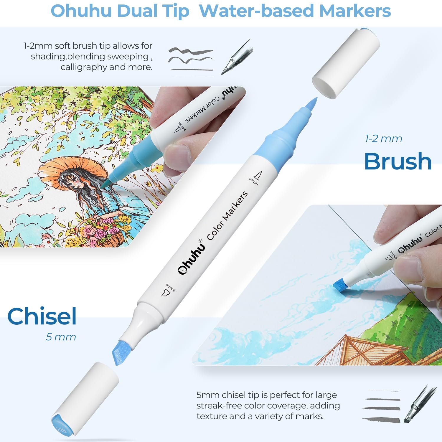 Ohuhu 64 Colours Water-Based Dual Tip Markers, Chisel & Brush Pens for Adult Colouring Books No Bleed, Odourless & Non-Toxic - Image 2