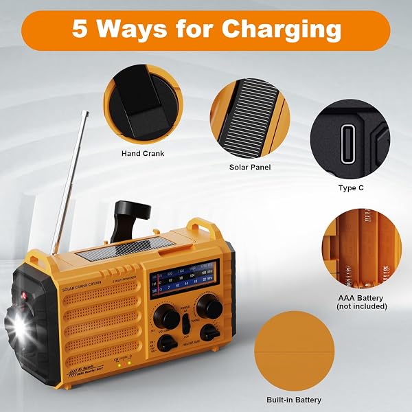 Radio de emergencia Mesqool 5000mAh con múltiples opciones de carga y funciones útiles.