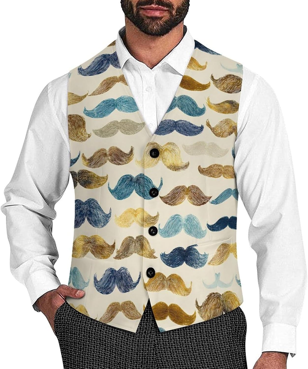 Mustaches Pattern Men's Business Suit Vest Slim Fit V-Neck Dress Waistcoat Tuxedo for Party