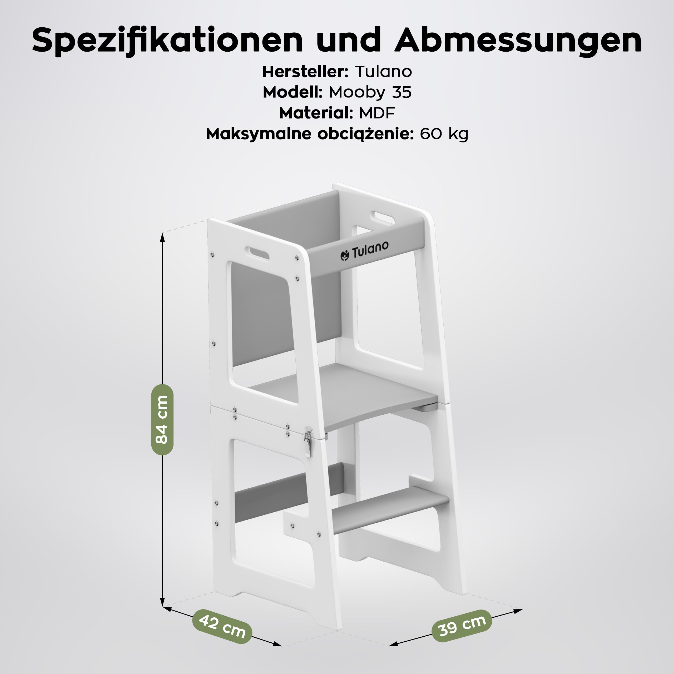 Tulano Mooby 35 Lernturm 3 in 1 für Kinder ab 1 Jahr - Stabil bis 60kg | Montessori Kitchen Helper umbaubar zu Tisch mit Stuhl & Maltafel - Kindermöbel aus MDF - Tritthocker Küche - Grau