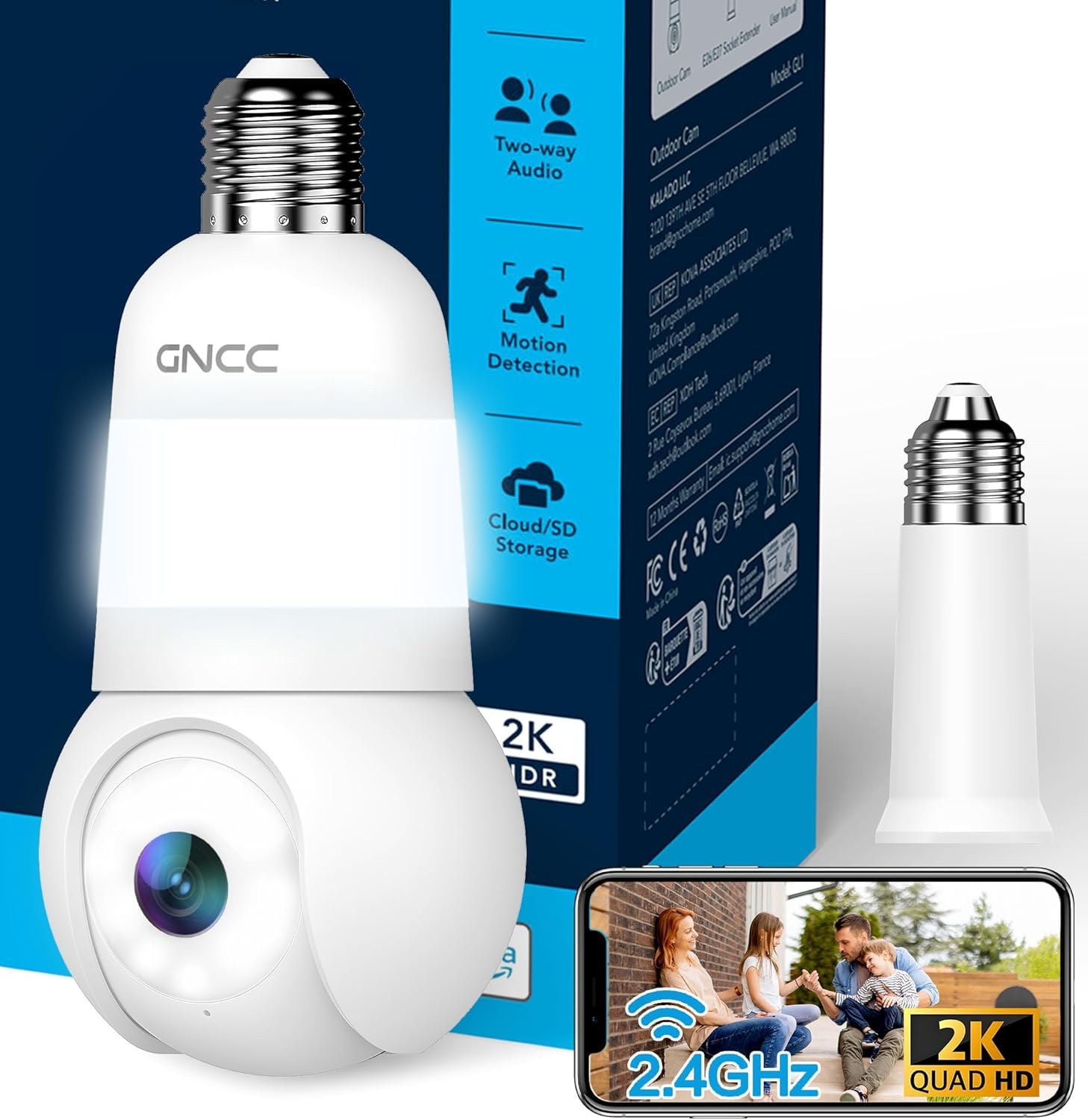 GNCC Telecamera 2K Lampadina WiFi per E27/E26, Compatibile con 2,4 GHz | Visione Notturna a Colori, Rilevamento Umano e Tracciamento, Installazione Facile, Notifiche Instant, Archiviazione Cloud