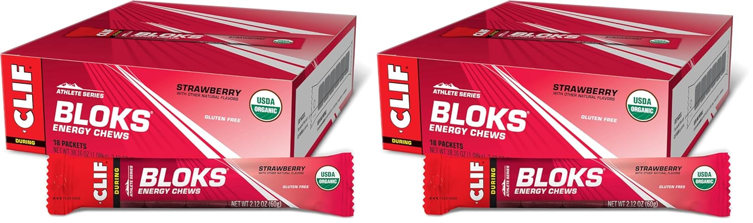 CLIF BLOKS - Strawberry Flavor - Energy Chews - Non-GMO - Plant Based - Fast Fuel for Cycling and Running - Quick Carbohydrates and Electrolytes - 2.12 oz.,18 Count (Pack of 2)